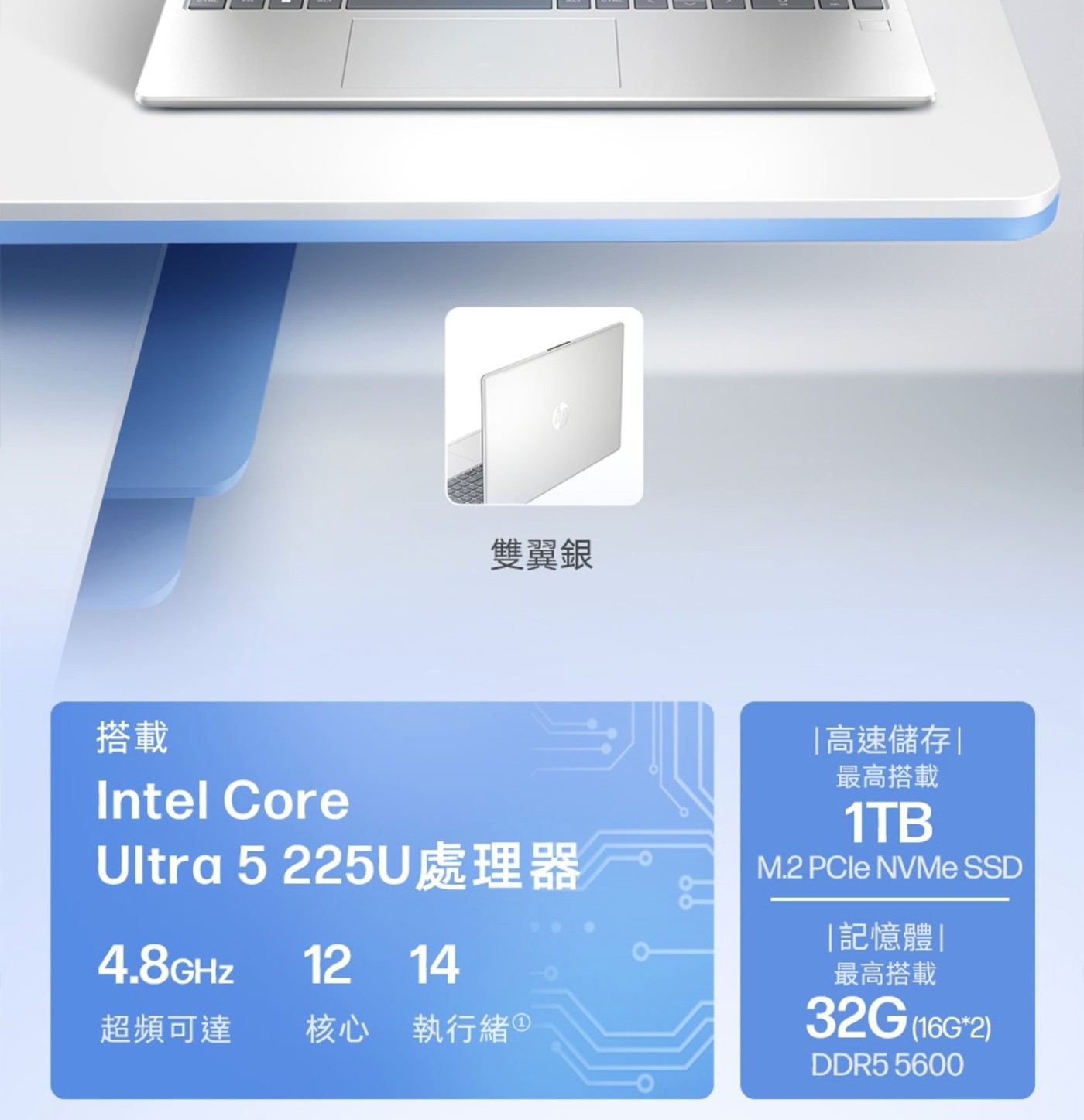 雙翼銀 搭載 Intel Core Ultra 5225U處理器 4.8GHz 12 14