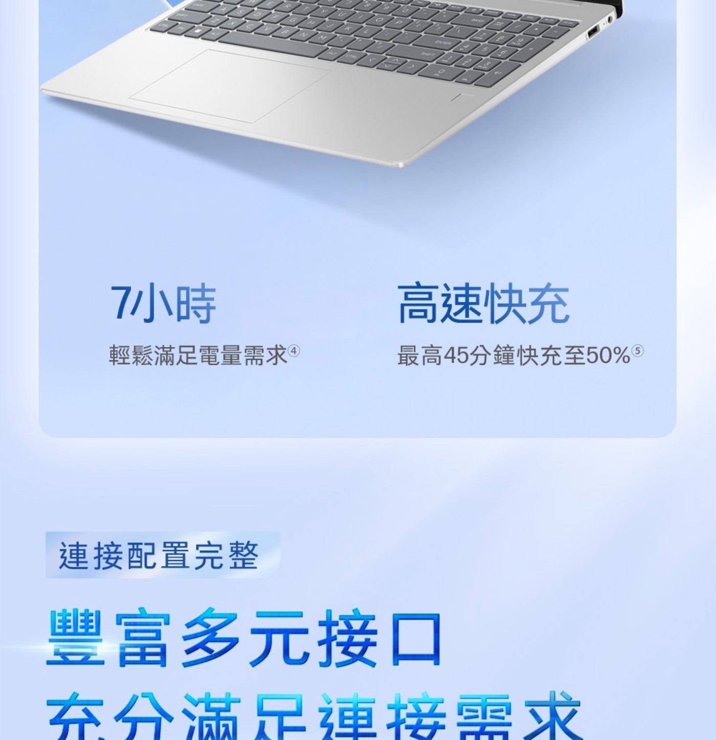 7小時 高速快充 輕鬆滿足電量需求 ® 最高45分鐘快充至50 5 連接配置完整 豐富多元接口