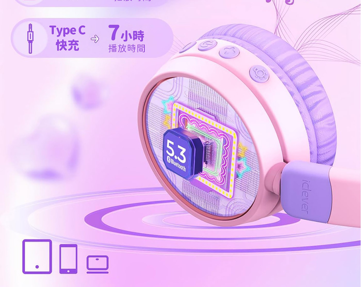 iClever BTH21 炫光無線兒童耳機旅途中有效阻隔引擎與機械噪音