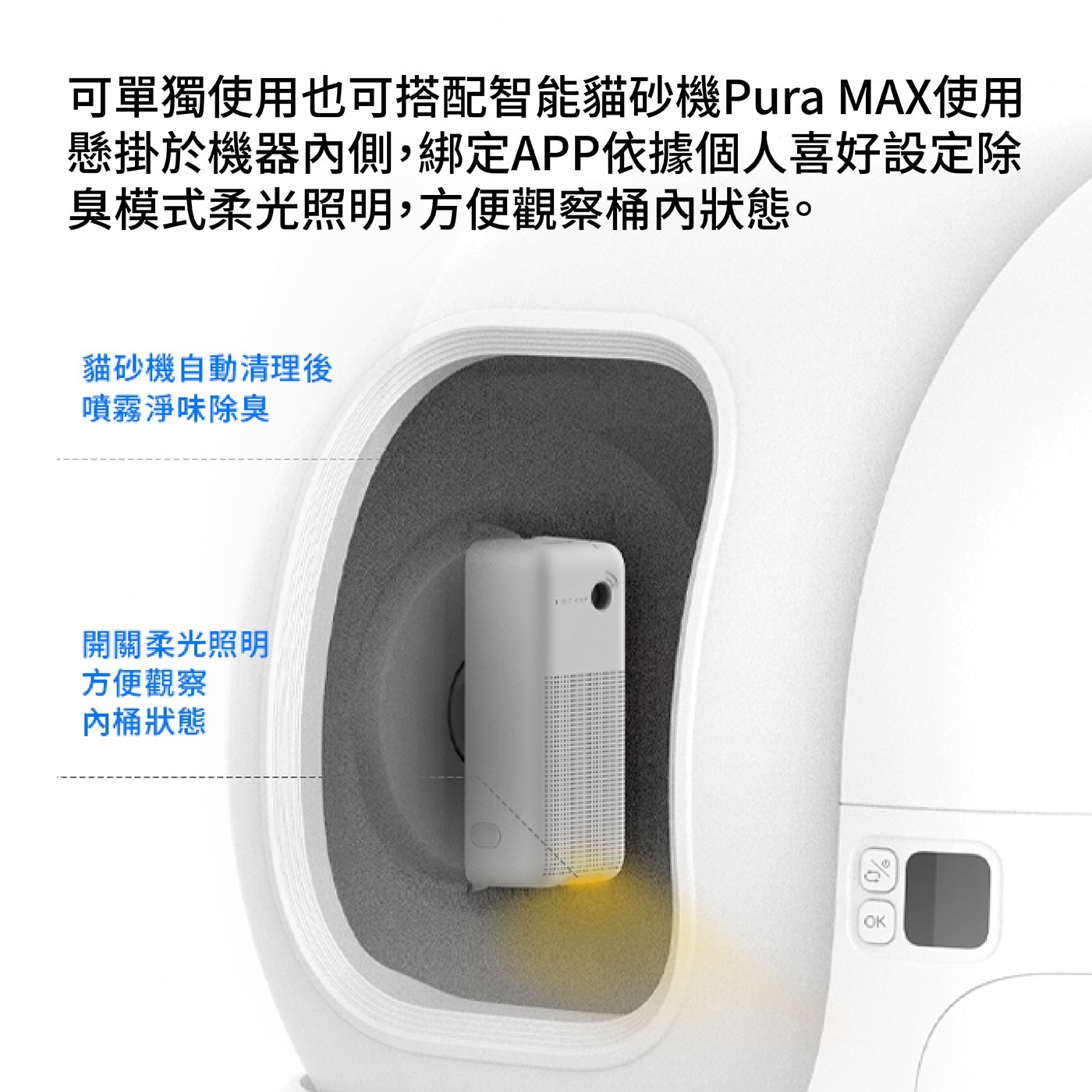 可單獨使用也可搭配智能貓砂機PuraMAX使用懸掛於機器內側,綁定APP依據個人喜好設定除臭模式柔光照明,方便觀察桶內狀態。