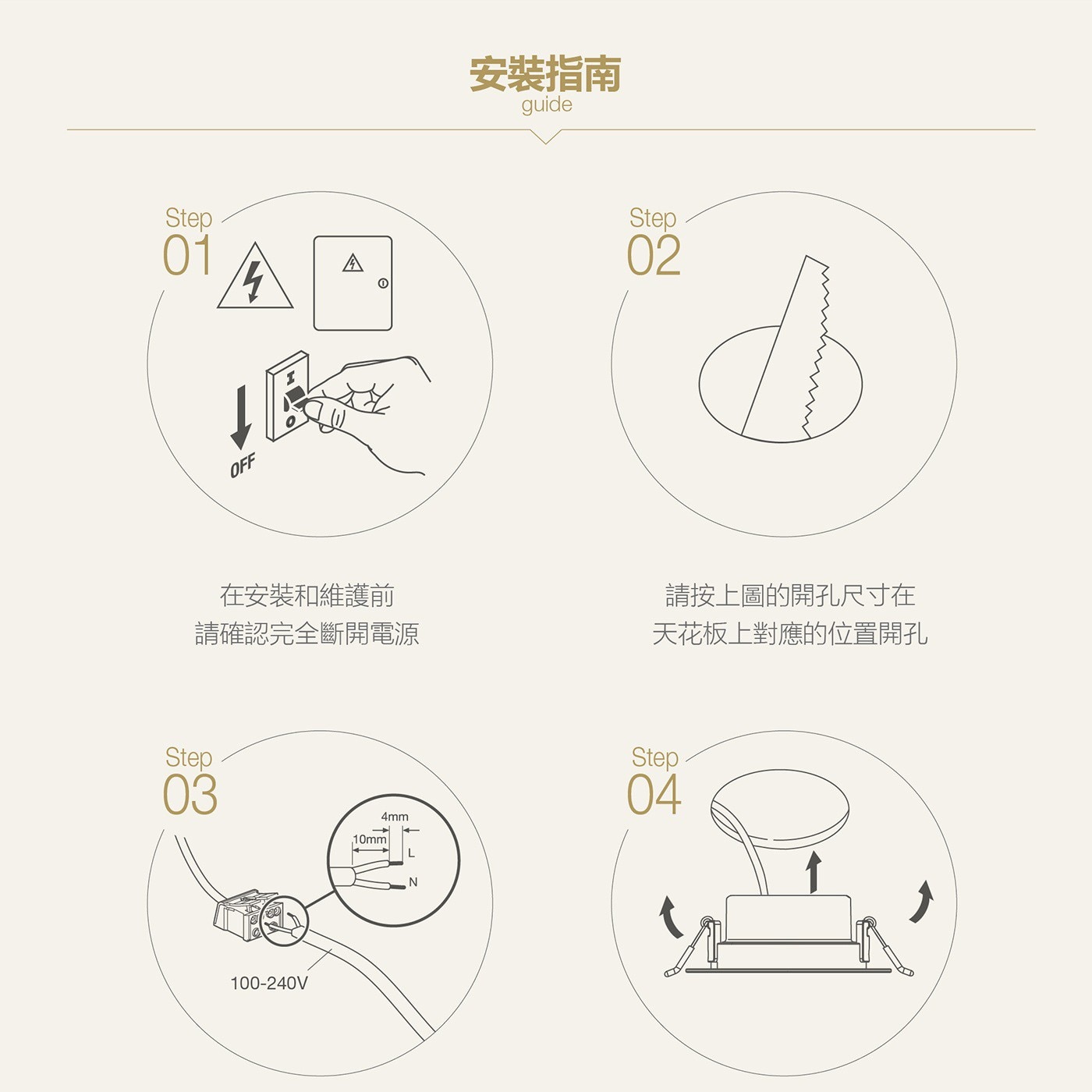 Step 01 4 OFF 安裝指南 guide 02 在安裝和維護前 請確認完全斷開電源