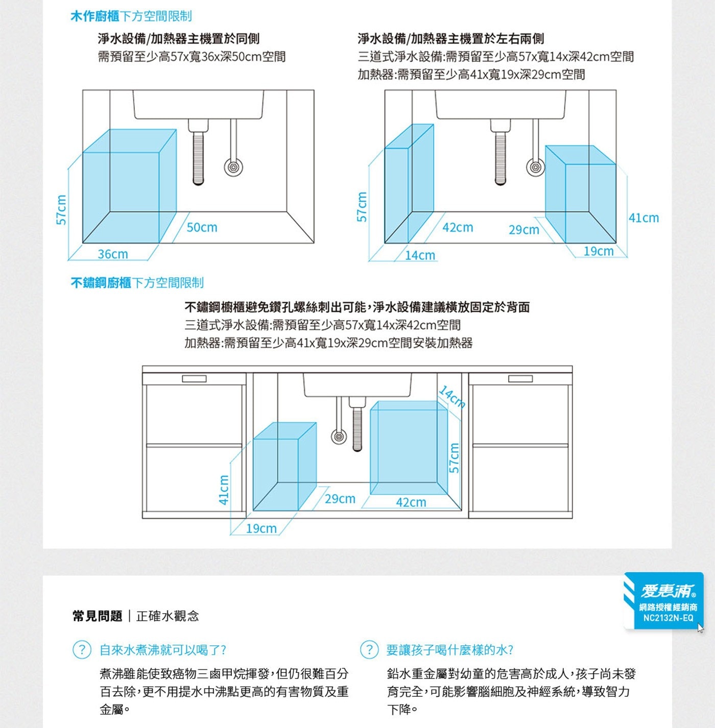 57cm木作廚櫃下方空間限制淨水設備/加熱器主機置於同側淨水設備/加熱器主機置於左右兩側需預留至少高57x寬36x深50cm空間三道式淨水設備:需預留至少高57x寬14x深42cm空間加熱器:需預留至