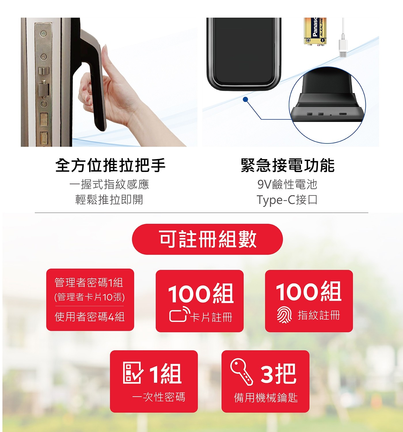 4 全方位推拉把手 1握式指紋感應 輕鬆推拉即開 緊急接電功能 9V鹼性電池 可註冊組數
