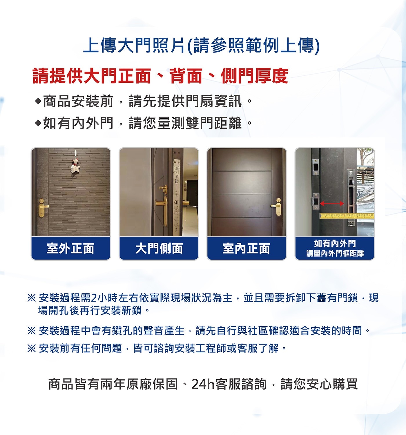 上傳大門照片請參照範例上傳 請提供大門正面、背面、側門厚度 ◇商品安裝前,請先提供門扇資訊。