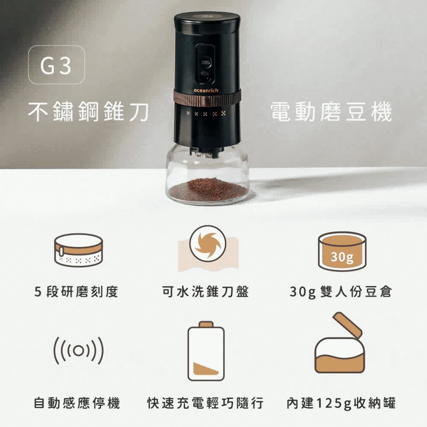 oceanrich 不鏽鋼錐刀電動磨豆機 #G3 5段研磨刻度 可水洗錐刀盤 自動感應停機 快速充電