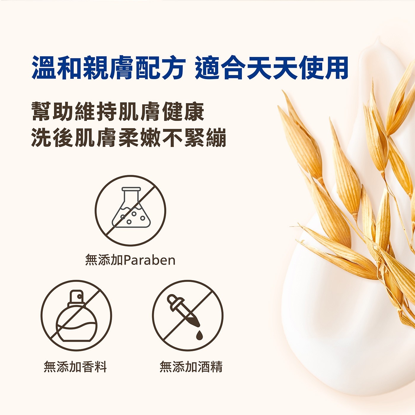 溫和親膚配方 適合天天使用 幫助維持肌膚健康 洗後肌膚柔嫩不緊繃 無添加Paraben 無添加香料 無添加酒精