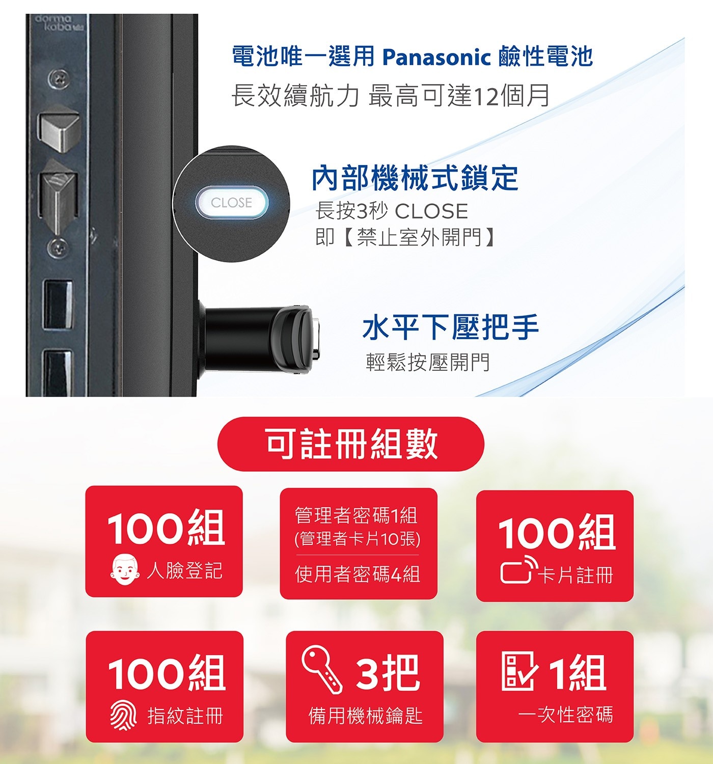 dorma koba 電池唯1選用 Panasonic 鹼性電池 長效續航力 最高可達12個月