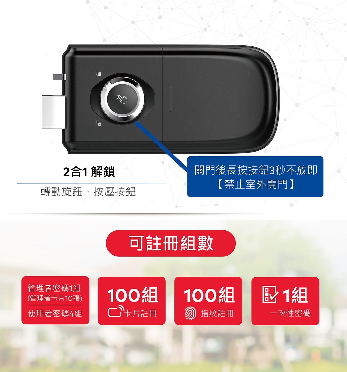 C- 2合1 解鎖 轉動旋鈕、按壓按鈕 管理者密碼1組 管理者卡片10張 使用者密碼4組
