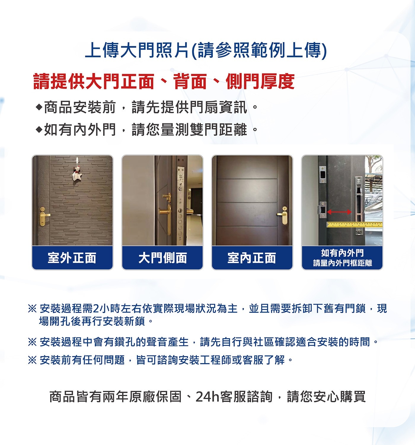 上傳大門照片請參照範例上傳 請提供大門正面、背面、側門厚度 ◇商品安裝前,請先提供門扇資訊。