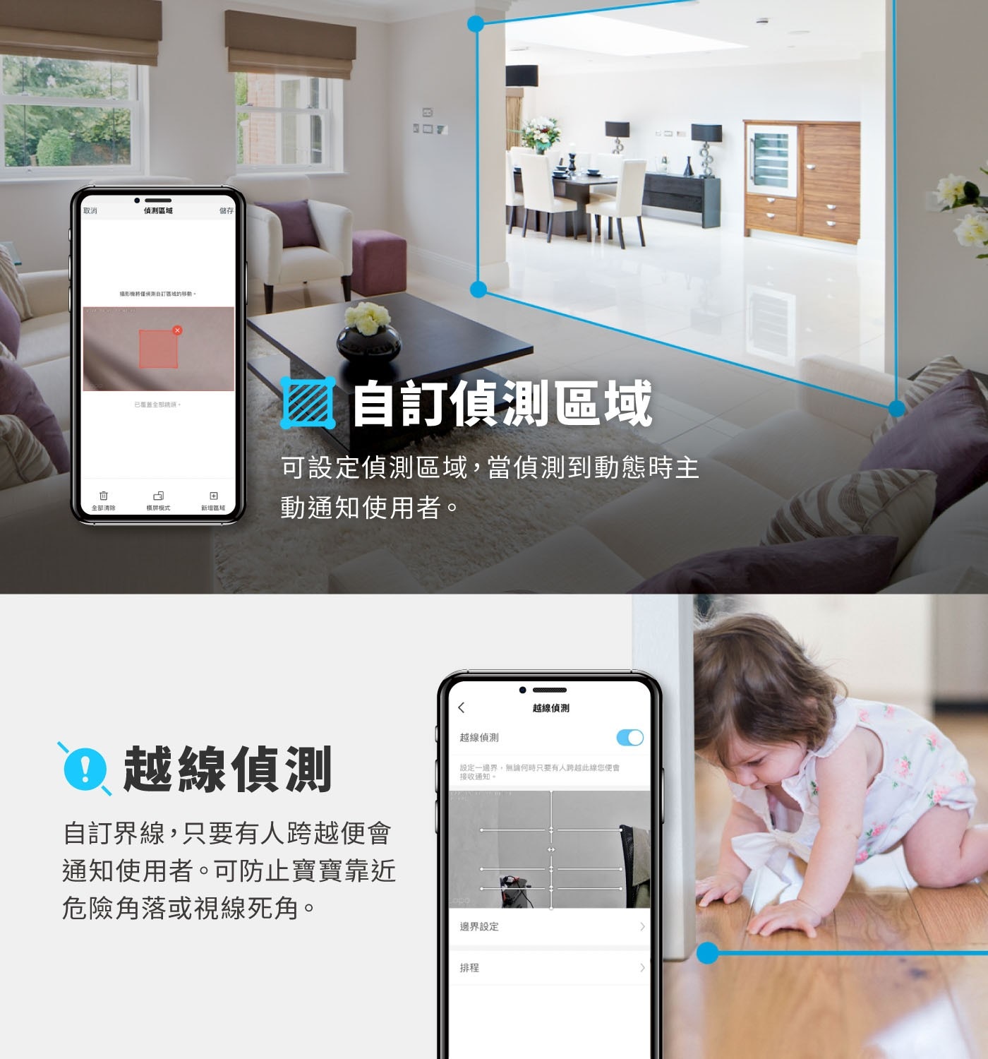 取消 偵測區域 儲存 「攝影機將僅偵測自訂區域的移動。 已覆蓋全部頭。 4 田 全部清除