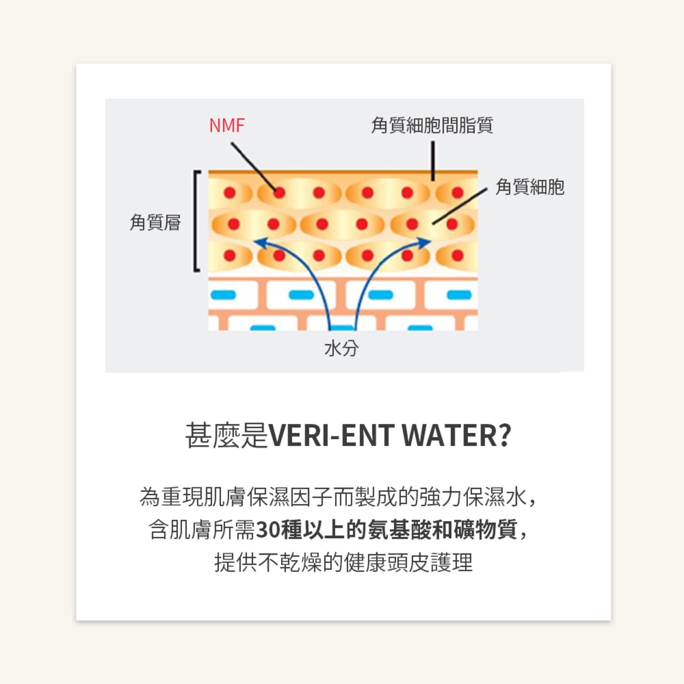 為重現肌膚保濕因子而製成的強力保濕水,含肌膚所需30種以上的氨基酸和礦物質,提供不乾燥的健康頭皮護理