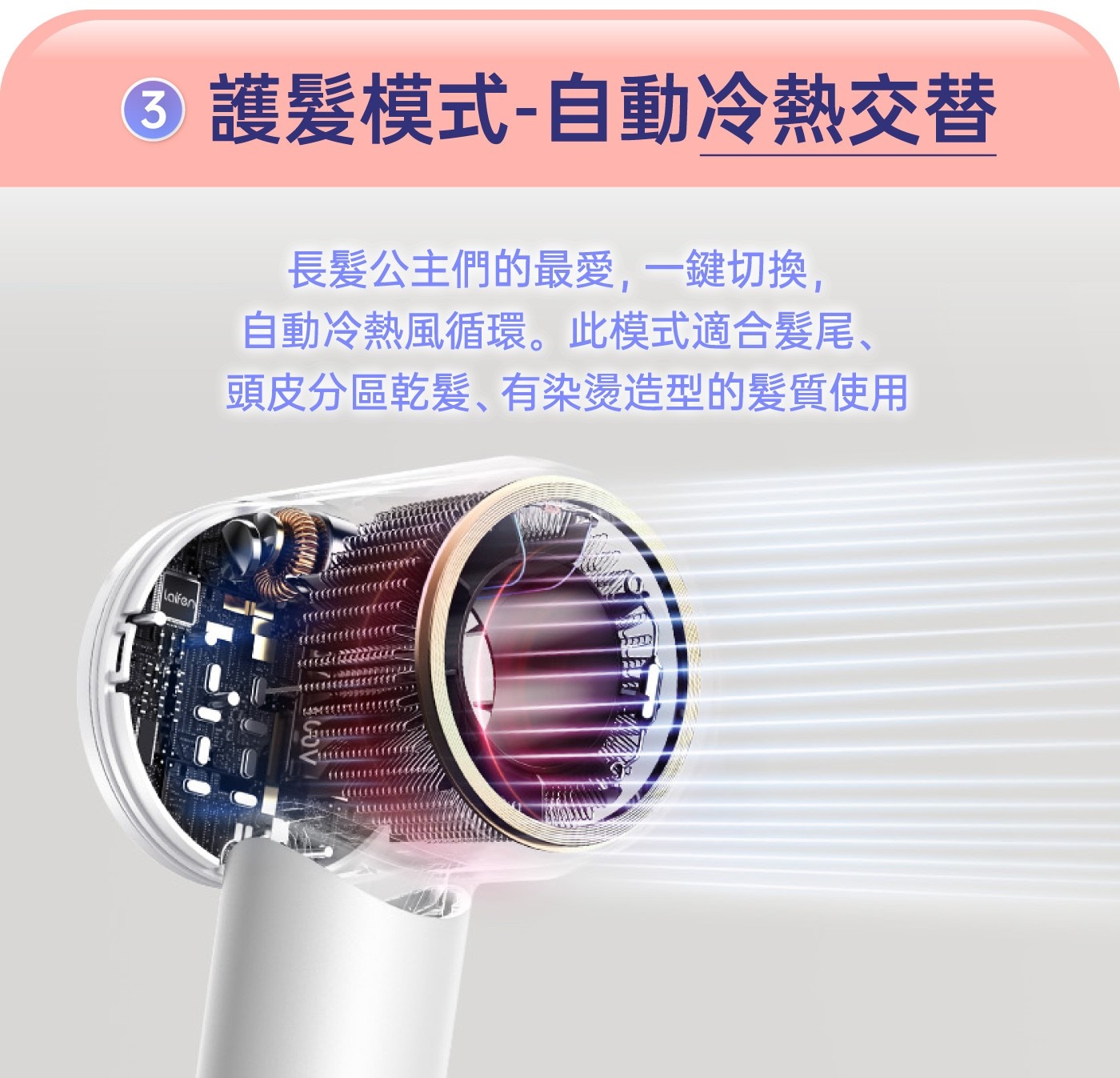 獨家自研,自產自銷 Laifen為了追求更高品質,創立實驗室投入研究自建工廠,吹風機超過80%零件皆自產自銷 10,5000轉的DC直流無刷馬達 精準加工,提供穩定而豐沛的風量