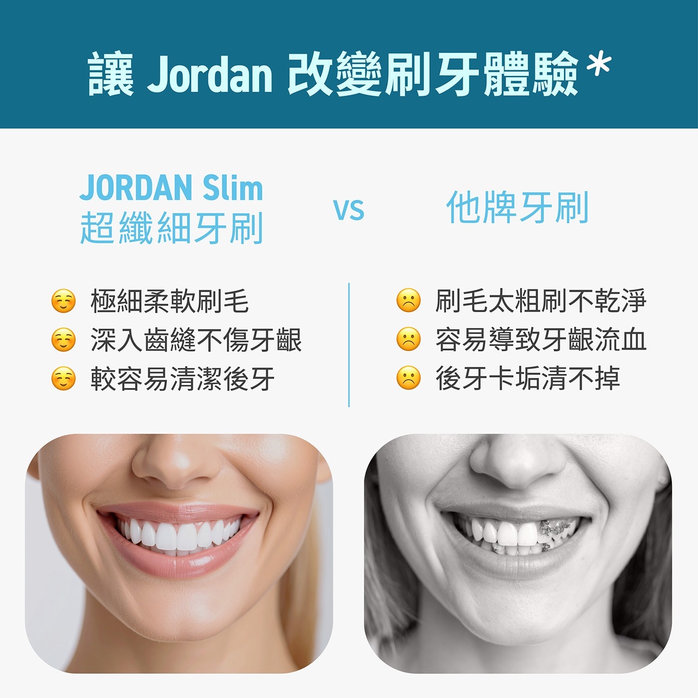 Jordan 超纖細超軟毛牙刷 9入中等尺寸的鑽石頭形狀可最大程度地提高清潔範圍與方向。