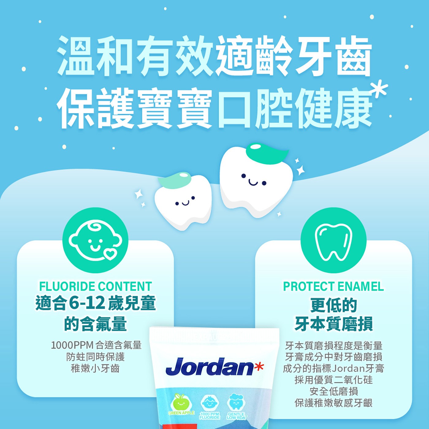 Jordan 6-12歲兒童牙膏 含氟1000ppm 青蘋果口味 75公克 X 8入建議的氟化物含量1000ppm