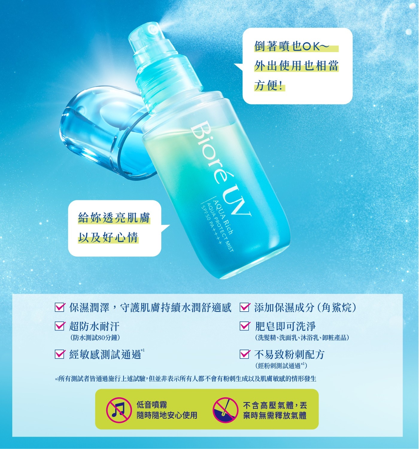 給妳透亮肌膚 以及好心情 倒著噴也OK 外出使用也相當 方便! ré UV A50 PA++++