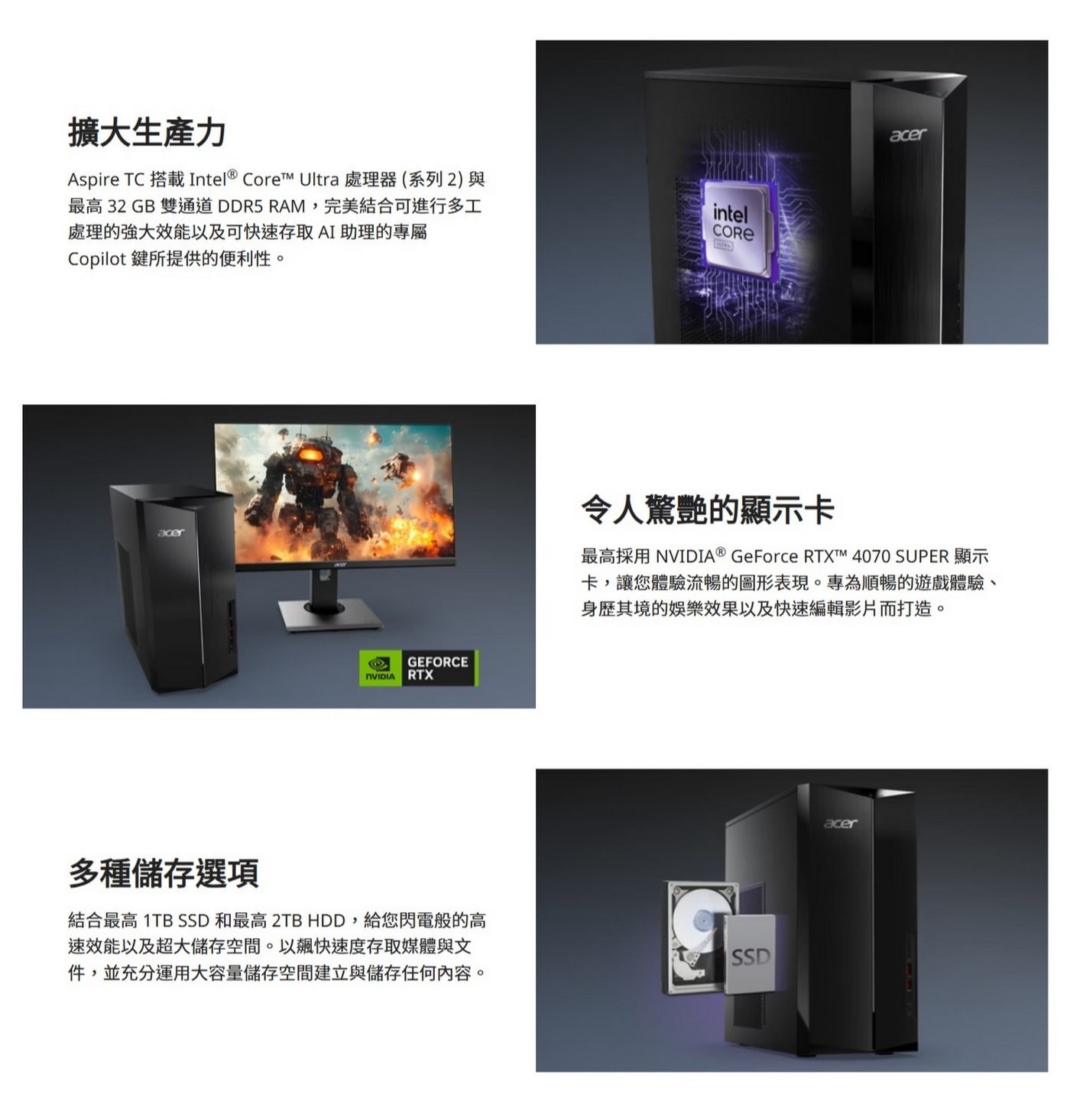 ACER Aspire TC-1860 桌上型電腦 Core Ultra 5-225 硬碟：512G M.2 PCIe SSD + 1TB HDD 7.2K 顯示晶片：Intel® UHD Graphics