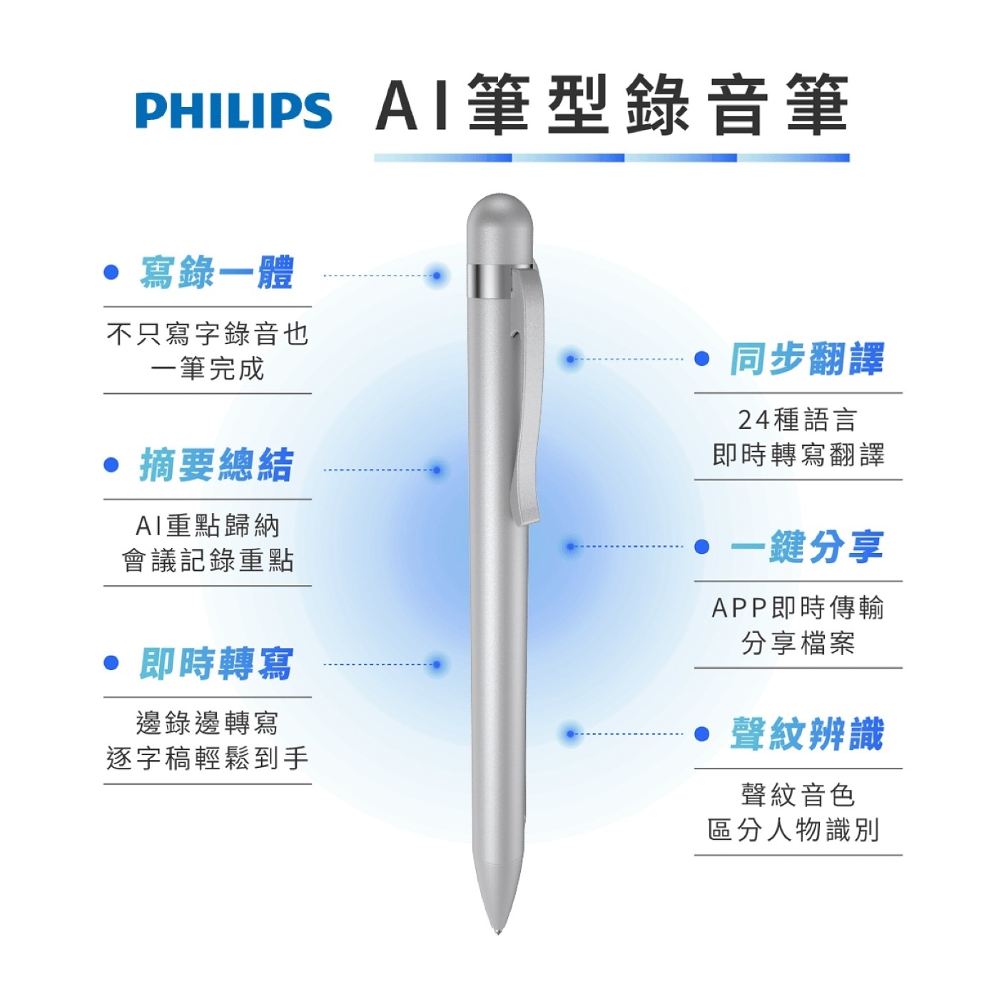 飛利浦 智能錄音筆 VTR5900 單獨使用約8小時,連接APP約7小時;充電時間:1-2小時
