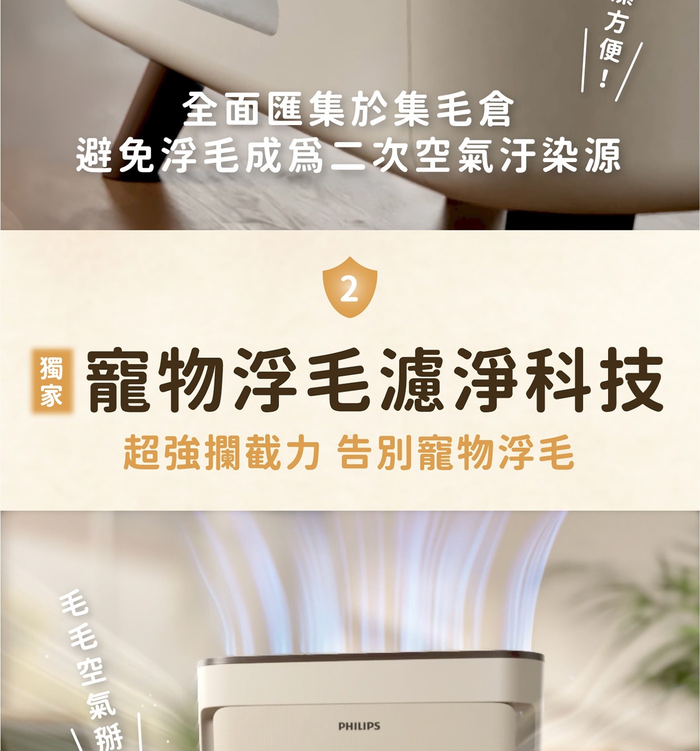 方便, 全面匯集於集毛倉 避免浮毛成爲二次空氣汙染源 2 甘寵物浮毛濾淨科技 超強攔截力