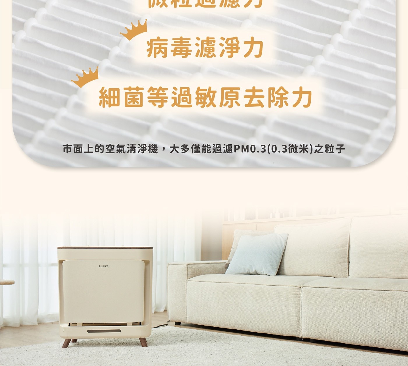 病毒濾淨力 細菌等過敏原去除力 市面上的空氣清浄機,大多僅能過濾PM0.3 0.3微米 之粒子