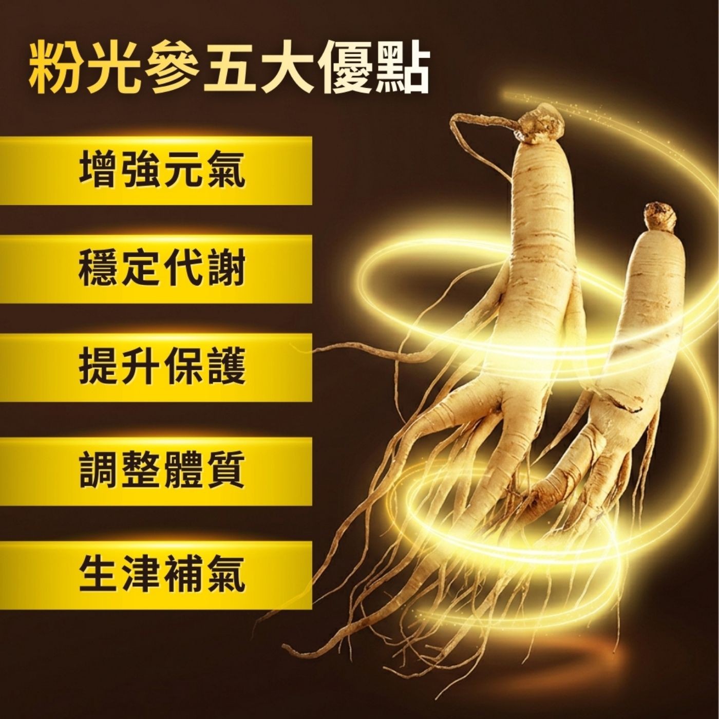 粉光參五大優點 增強元氣 穩定代謝 提升保護 調整體質 生津補氣
