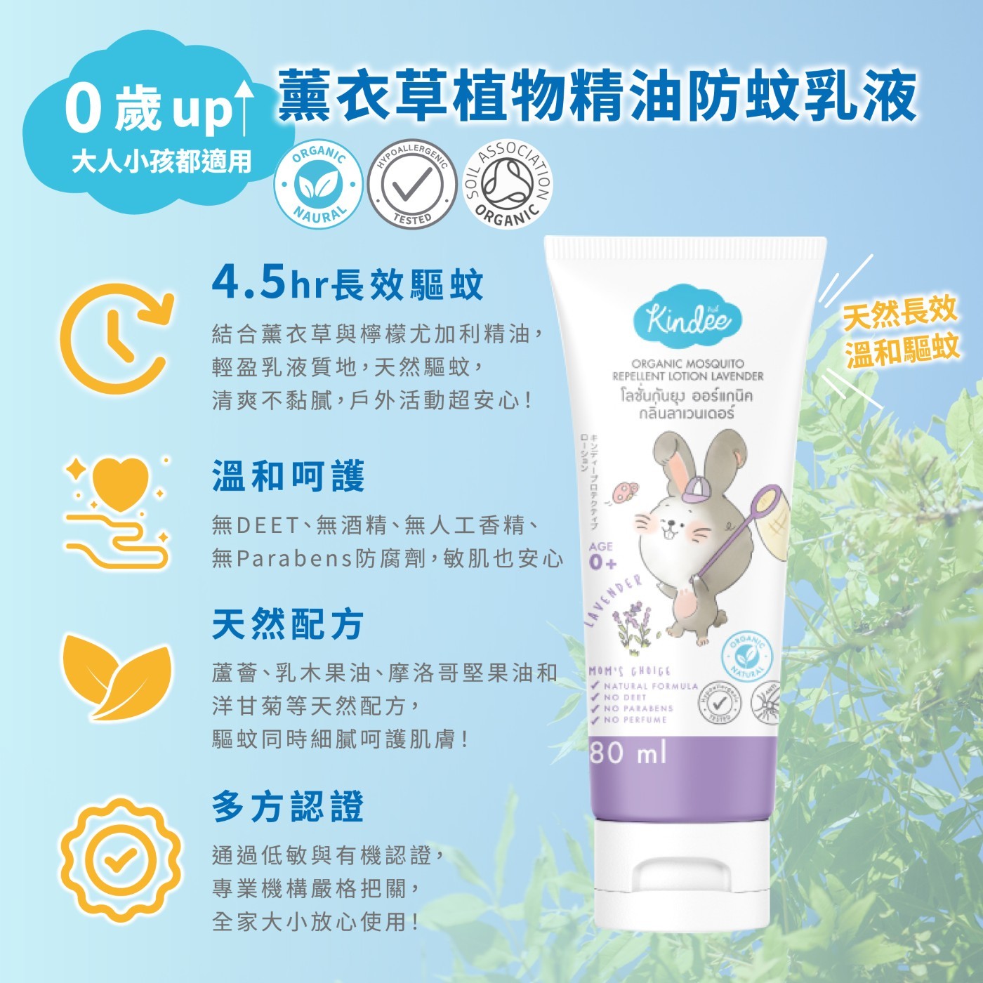 4.5hr長效驅蚊 結合薰衣草與檸檬尤加利精油, 輕盈乳液質地,天然驅蚊, 清爽不黏膩,戶外活動超安心! 溫和呵護 無DEET、無酒精、無人工香精、 無Parabens防腐劑,敏肌也安心
