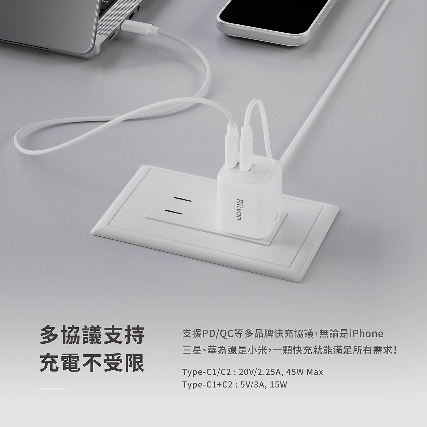 支援PD/QC等多品牌快充協議,無論是iPhone 充電不受限 3星、華為還是小米,1顆快充就能滿足所有需求!
