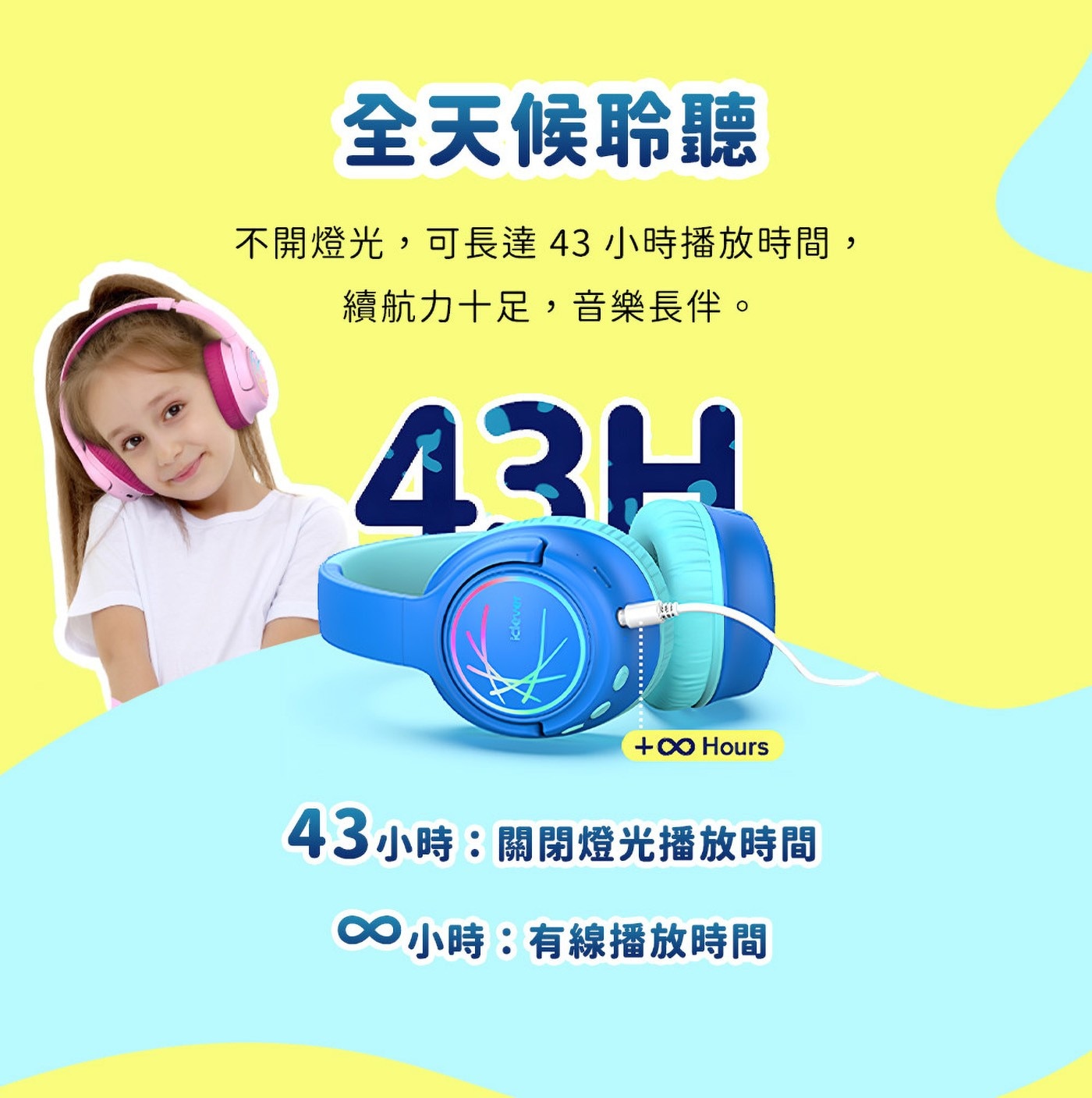 全天候聆聽 不開燈光,可長達43小時播放時間, 續航力十足,音樂長伴。 Hours 43小時:關閉燈光播放時間 小時:有線播放時間