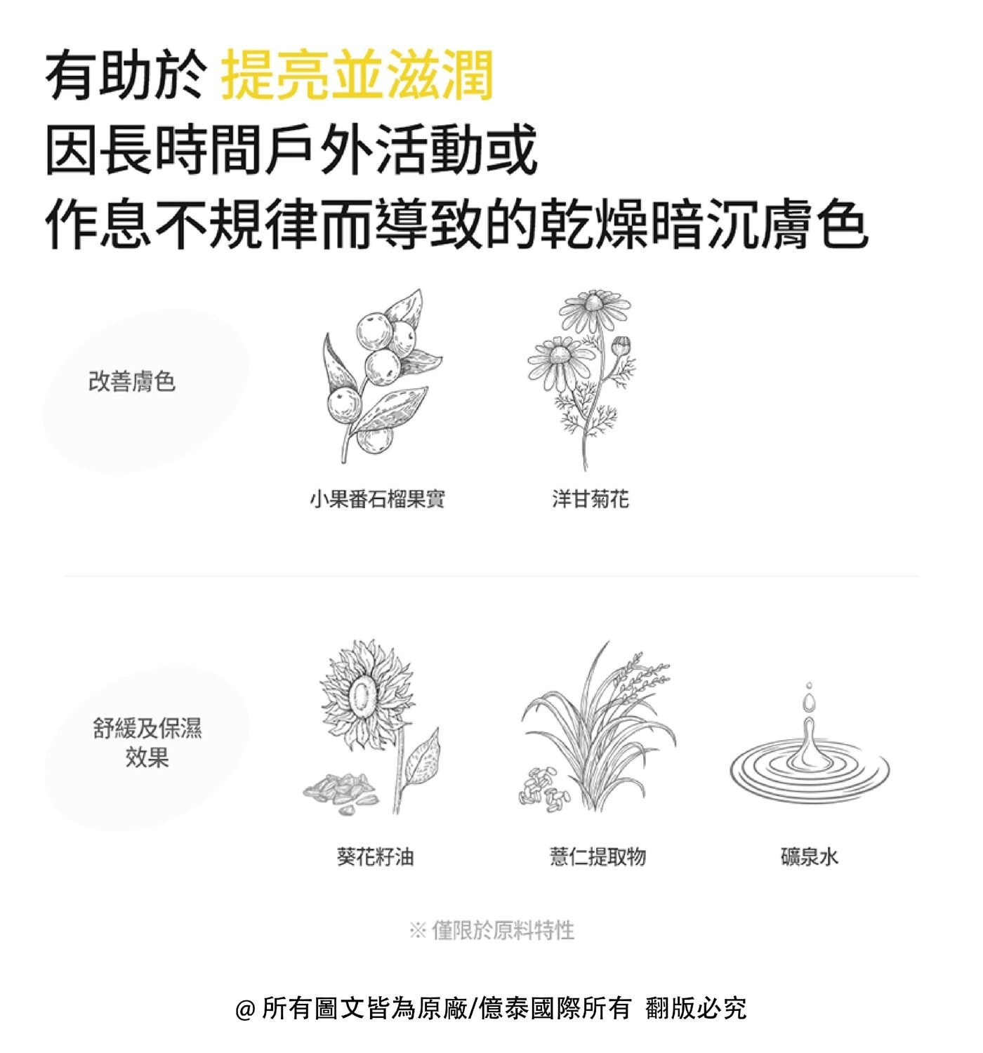 有助於 提亮並滋潤 因長時間戶外活動或 作息不規律而導致的乾燥暗沉膚色