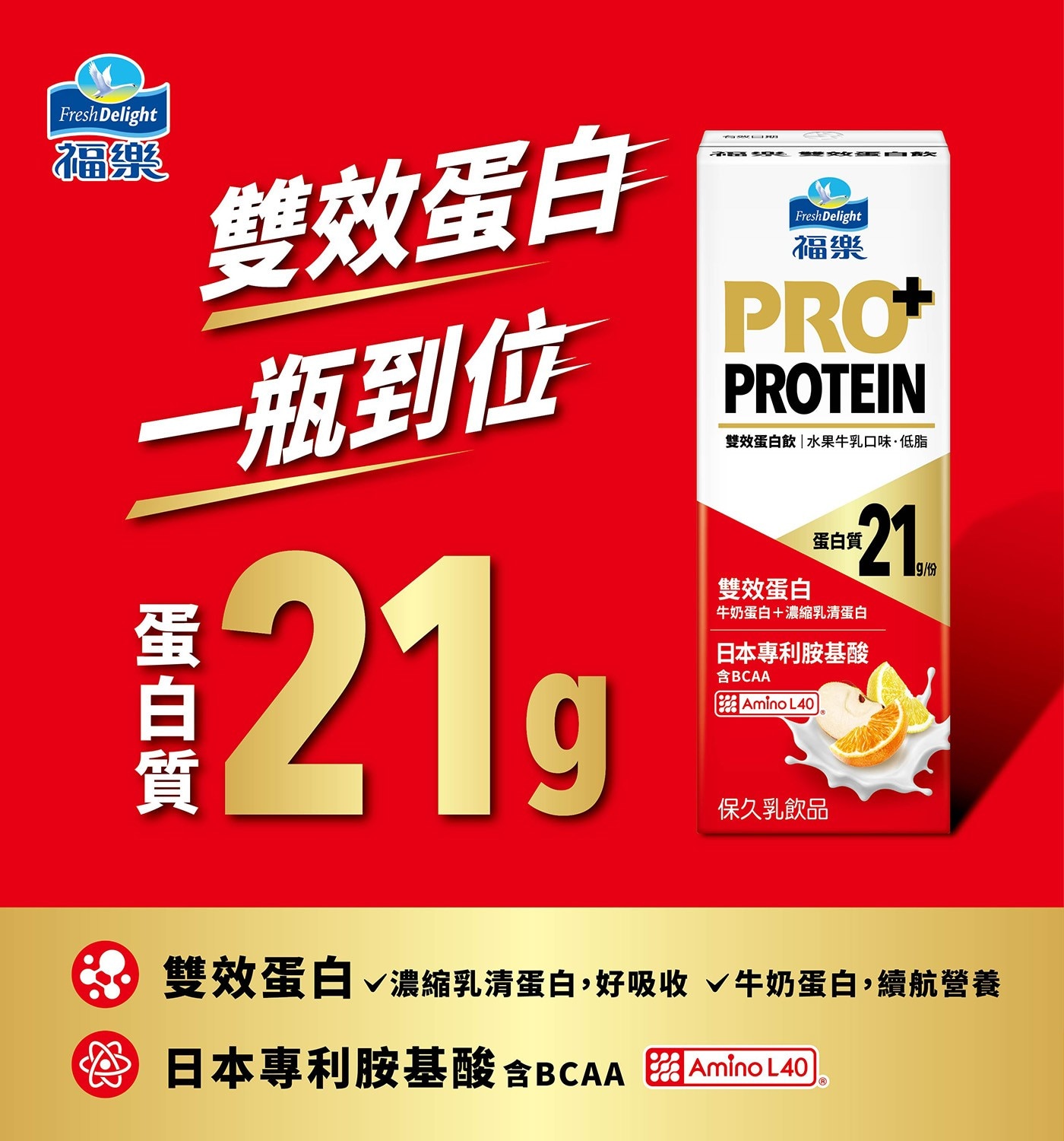 Fresh Delight 福樂 雙效蛋白 一瓶到位 蛋白質 21g PRO PROTEIN 雙效蛋白飲水果牛乳口味低脂 牛奶蛋白濃縮乳清蛋白 日本專利胺基酸 含BCAA Amino 保久乳飲品...