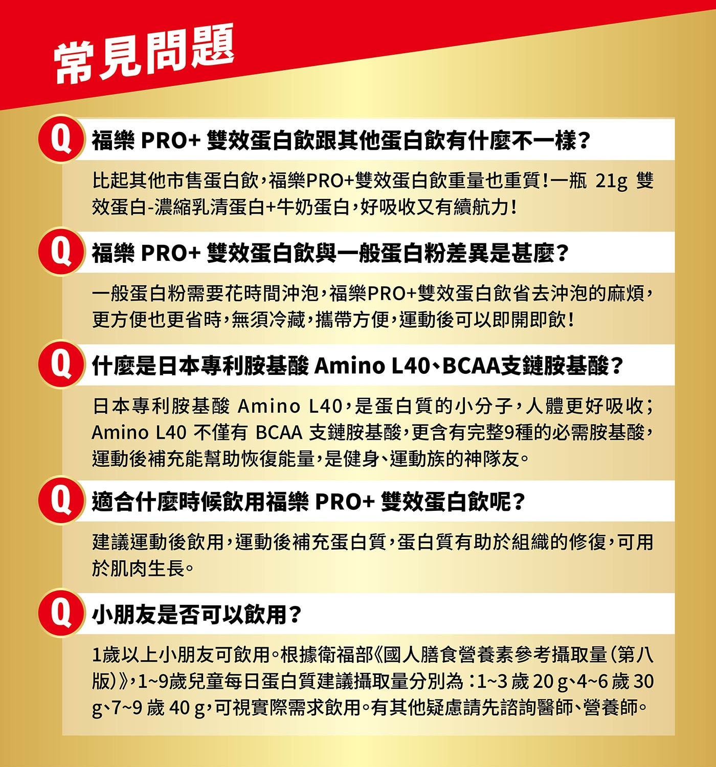 常見問題 福樂PRO雙效蛋白飲跟其他蛋白飲有什麼不一樣? 比起其他市售蛋白飲,福樂PRO雙效蛋白飲重量也重質!一瓶21g 雙 效蛋白-濃縮乳清蛋白牛奶蛋白,好吸收又有續航力!