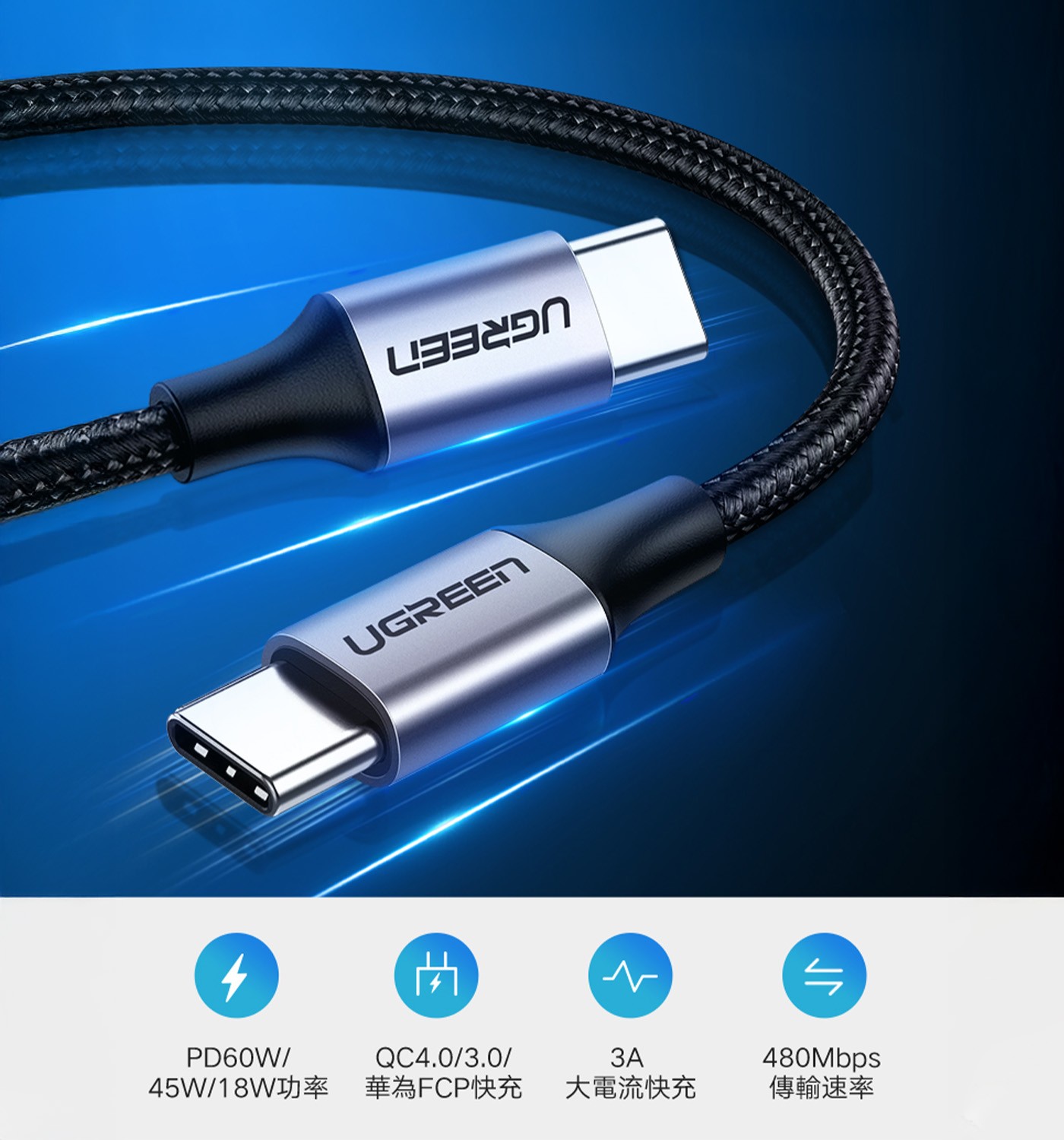 綠聯 Type-C 對 Type-C PD 60W 3A 快充傳輸線 金屬編織版 灰黑 (1公尺) 3件組3A大電流快充