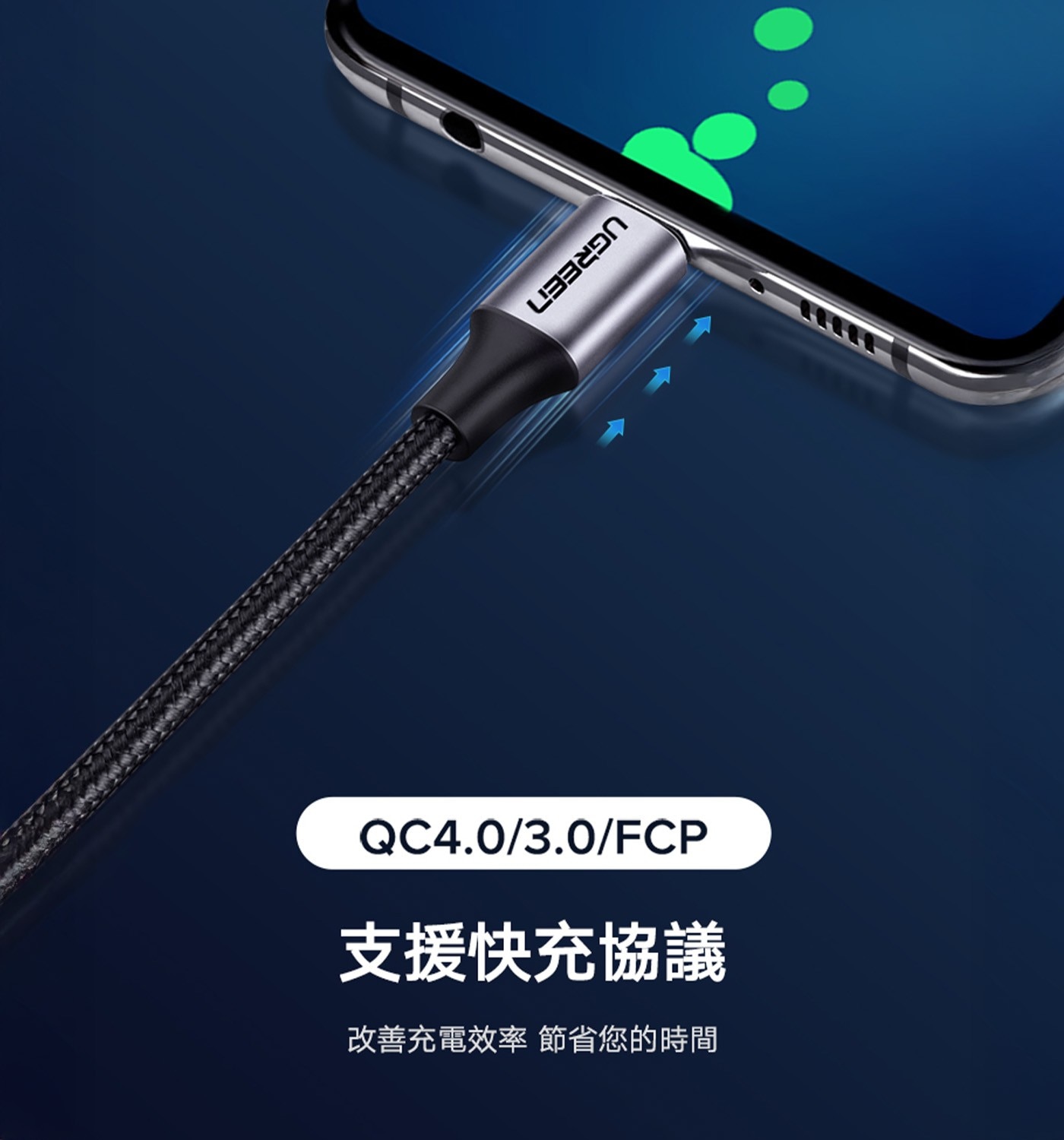 綠聯 Type-C 對 Type-C PD 60W 3A 快充傳輸線 金屬編織版 灰黑 (1公尺) 3件組內建新升級智能芯片 穩定電流充電