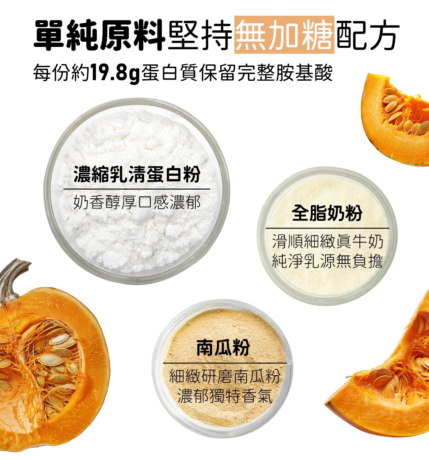 單純原料堅持無加糖配方 每份約19.8g蛋白質保留完整胺基酸