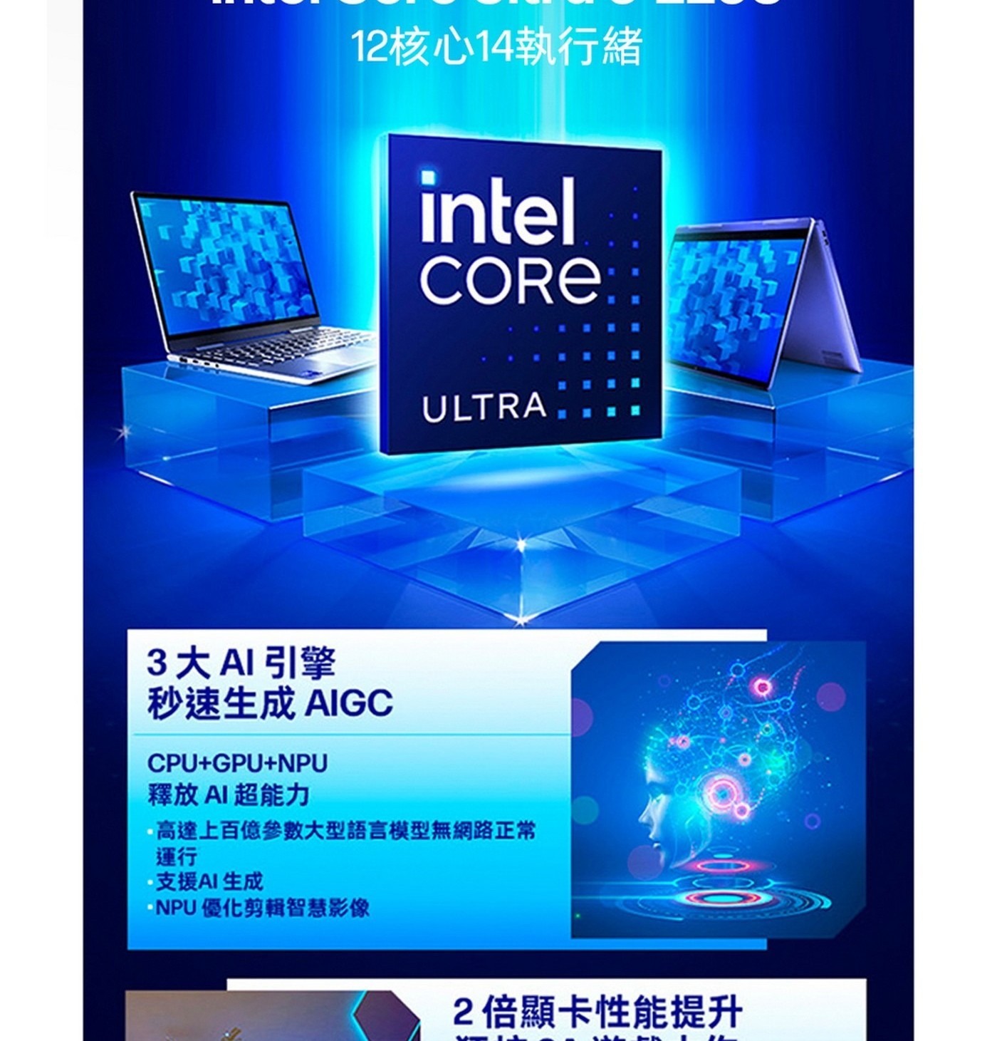 3大AI引擎秒速生成 AIGCCPU+GPU+NPU釋放AI超能力·高達上百億參數大型語言模型無網路正常運行支援AI生成·NPU 優化剪輯智慧影像
