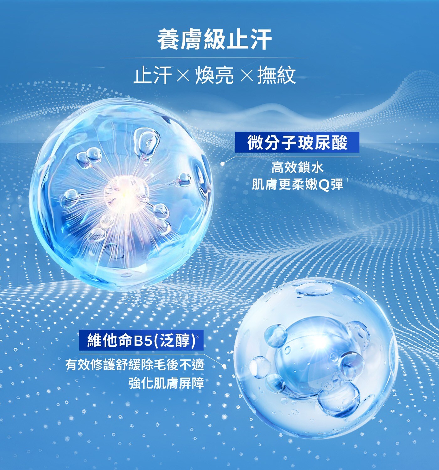 養膚級止汗 止汗×煥亮×撫紋 維他命B5泛醇 有效修護舒緩除毛後不適 強化肌膚屏障 微分子玻尿酸
