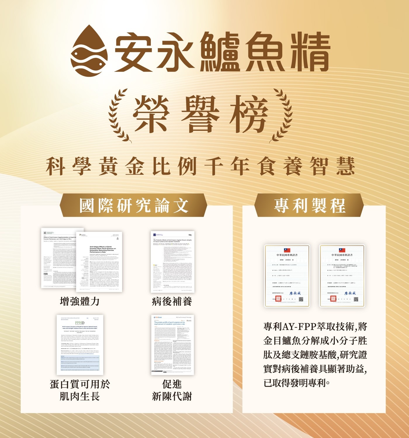 安永鱸魚精 榮譽榜 科學黃金比例千年食養智慧 國際研究論文 專利製程 The Munde