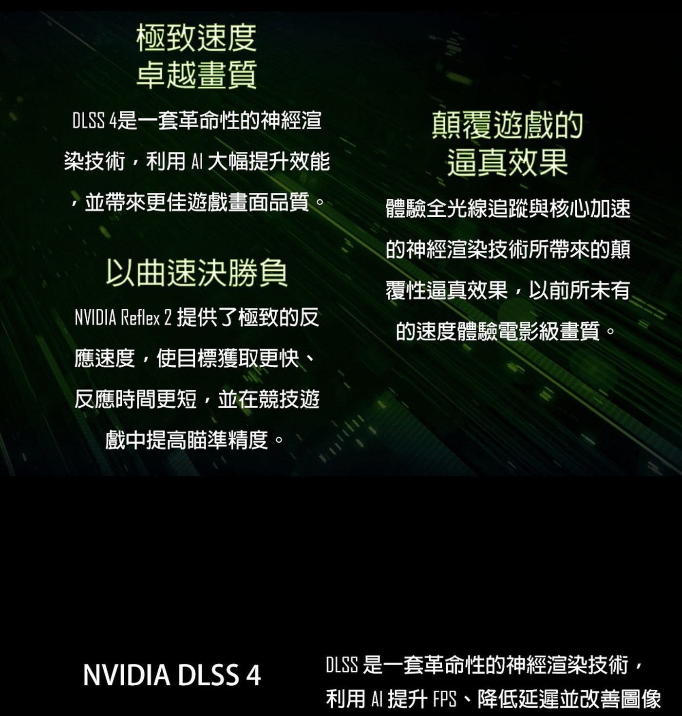 MSI Katana 15 極致速度, 卓越畫質, DLSS 4是一套革命性的神經渲, 顛覆遊戲的, 染技術,利用AI大幅提升效能, 逼真效果, ,並帶來更佳遊戲畫面品質。