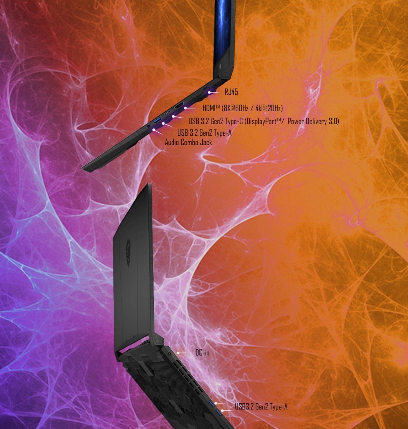 MSI Katana 15 RJ45, HOMI™ (8K@60Hz / 4k@120Hz), USB 3.2 Gen2 Type-C (DisplayPort™/ Power Delivery 3.0), USB 3.2 Gen2 Type-A