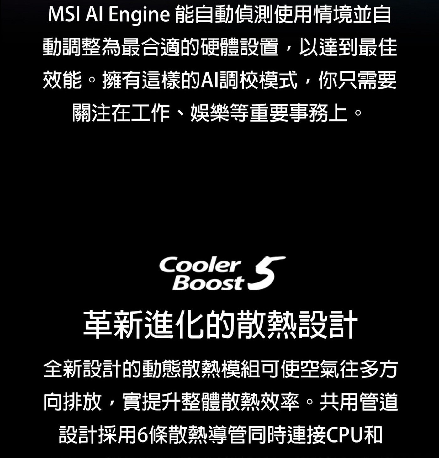 全新設計的動態散熱模組可使空氣往多方向 排 放 , 實 提 升 整 體 散 熱 效 率 。