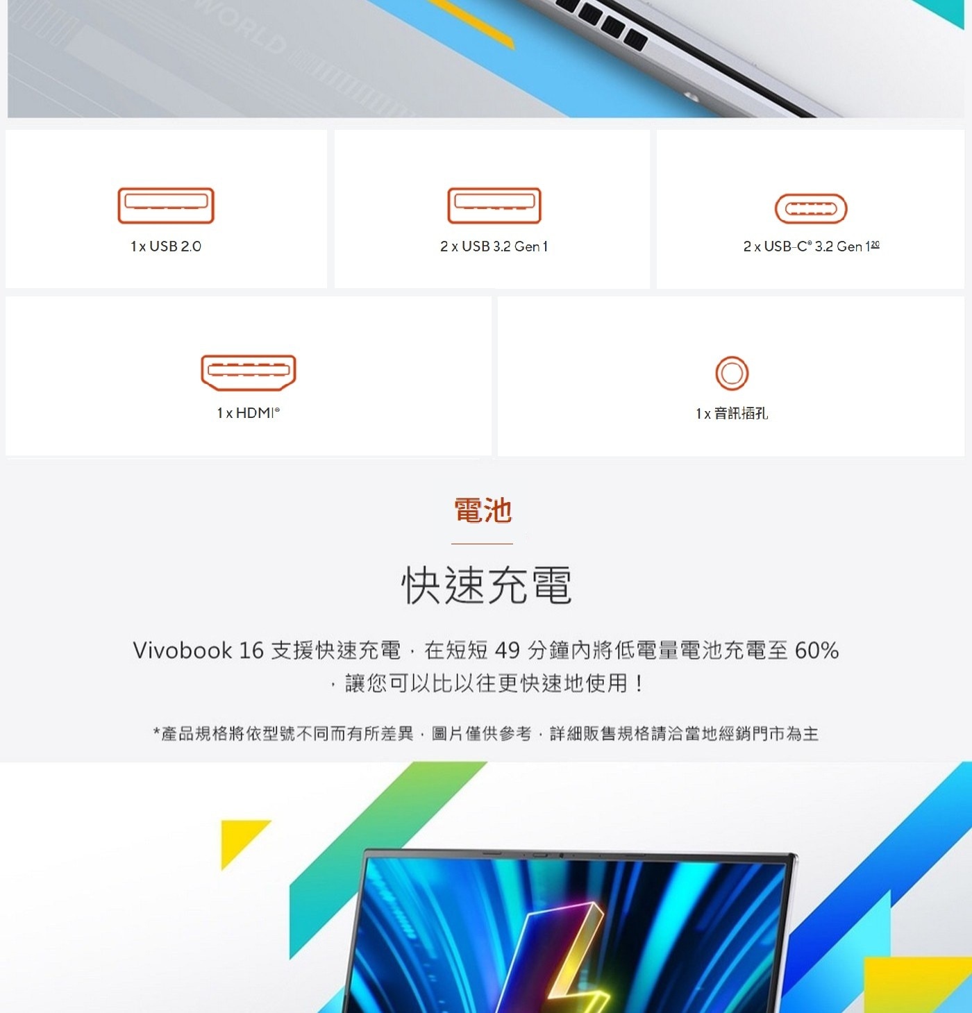 49分鐘65W快速充電60%電池,系統公差±10%實際使用效能