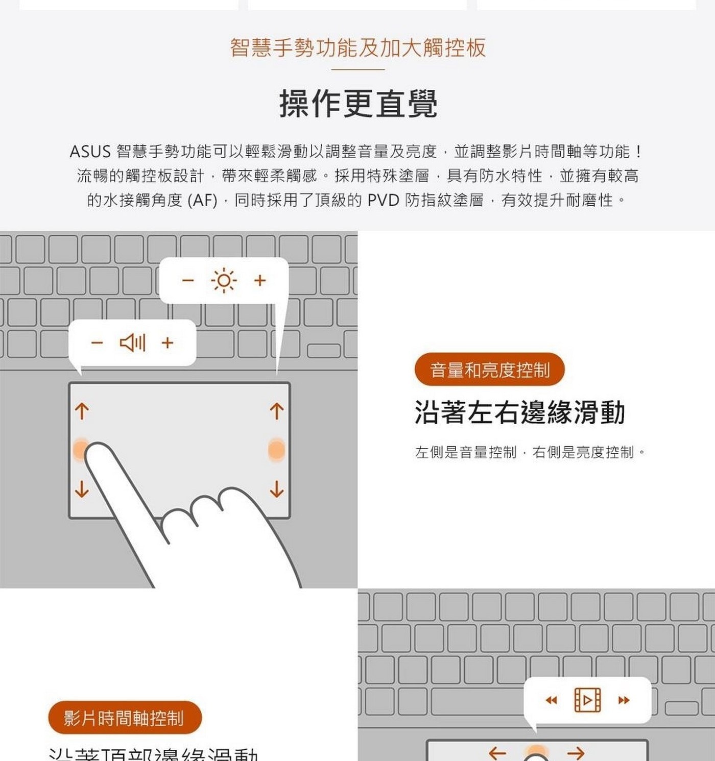 操作更直覺 ASUS 智慧手勢功能可以輕鬆滑動以調整音量及亮度,並調整影片時間軸等功能! 流暢的觸控板設計,帶來輕柔觸感。採用特殊塗層,具有防水特性,並擁有較高 的水接觸角度(AF),同時採用了頂級的PVD防指紋塗層,有效提升耐磨性。