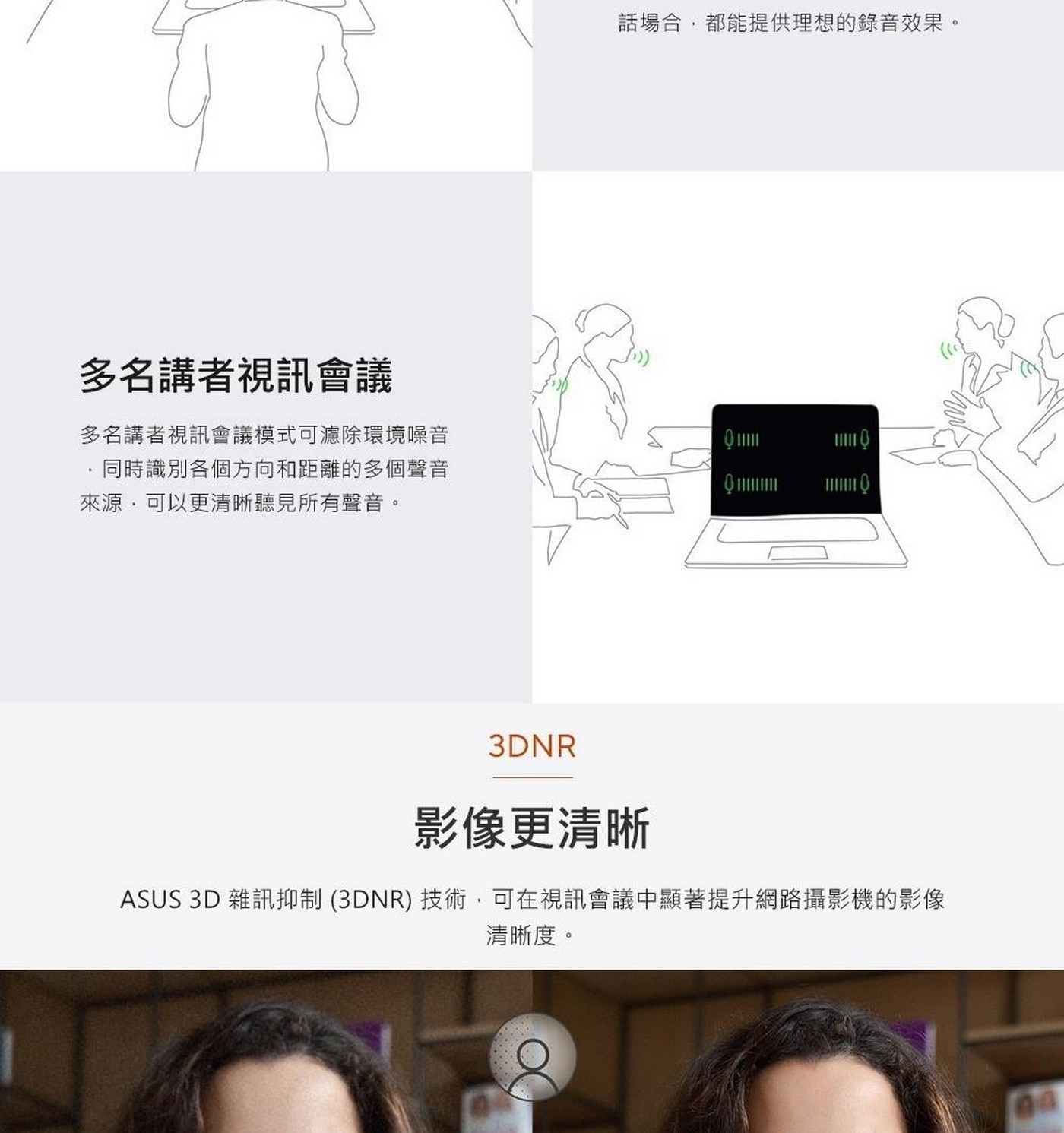 多名講者視訊會議 多名講者視訊會議模式可濾除環境噪音 ·同時識別各個方向和距離的多個聲音 來源·可以更清晰聽見所有聲音。