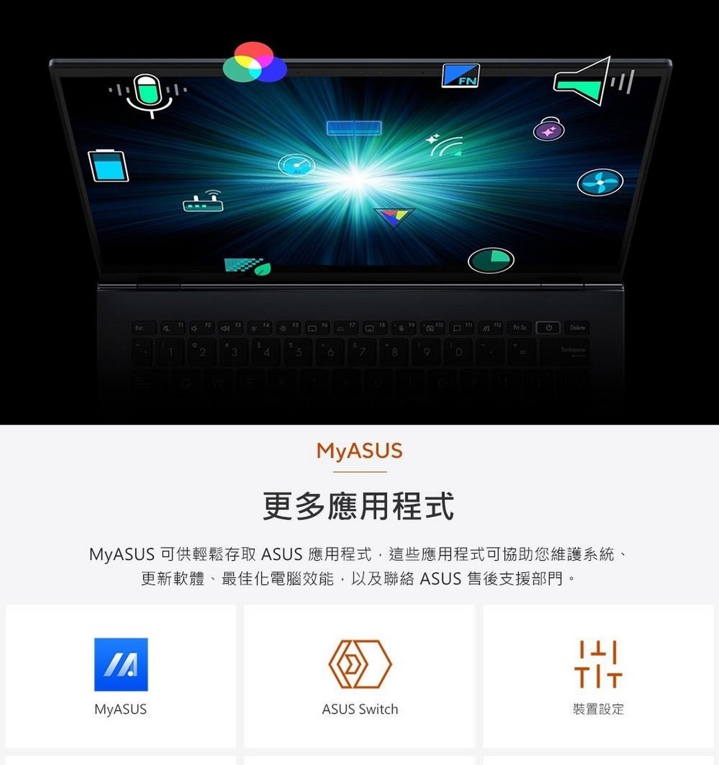 MyASUS 更多應用程式 MyASUS 可 供 輕 鬆 存 取 ASUS 應 用 程 式 , 這 些 應 用 程 式 可 協 助 您 維 護 系 統 更新軟體、最佳化電腦效能,以及聯絡ASUS售後支援部門。