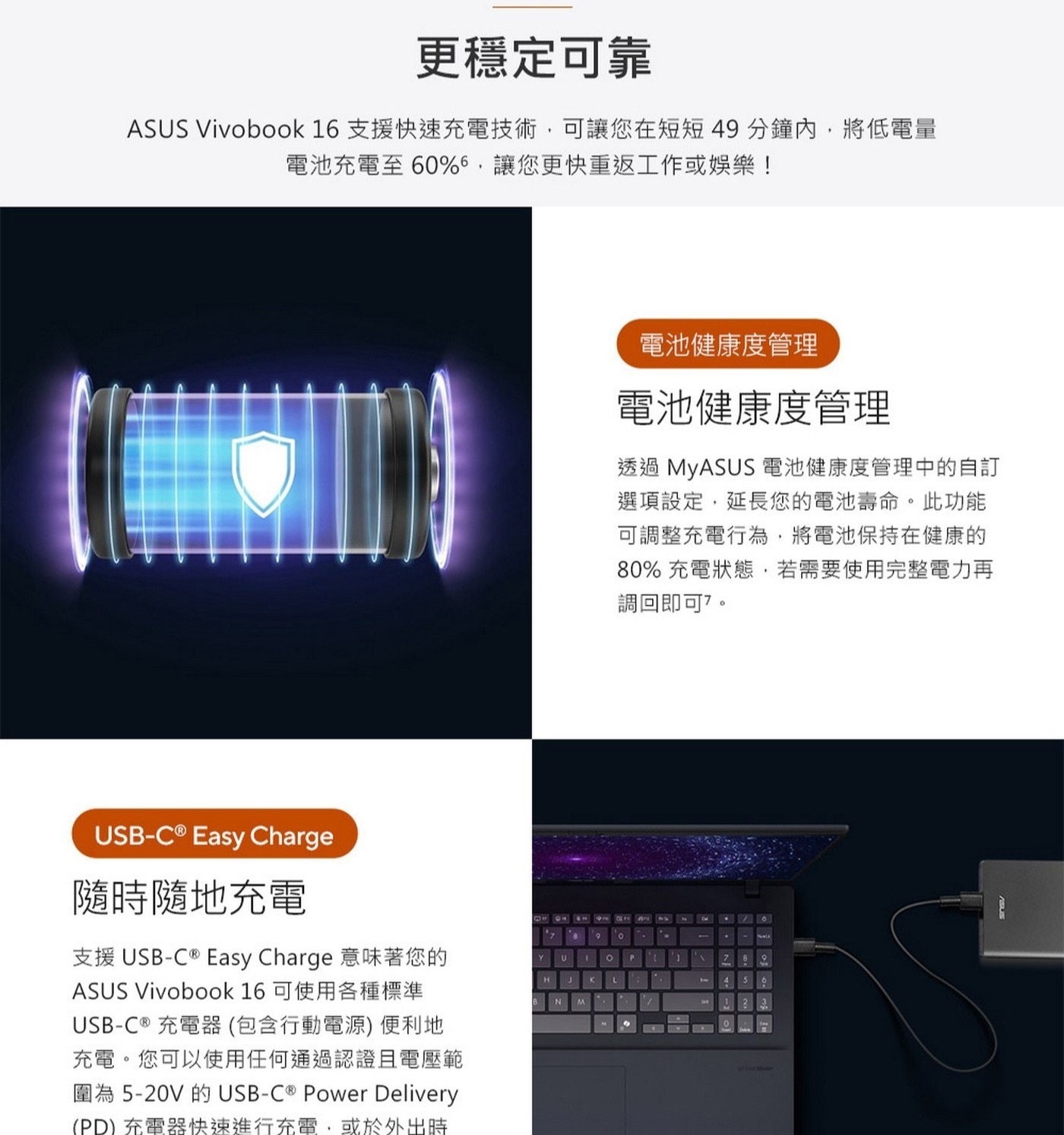 電池健康度管理透過MyASUS電池健康度管理中的自訂選項設定,延長您的電池壽命。此功能可調整充電行為,將電池保持在健康的80%充電狀態,若需要使用完整電力再調回即可7。