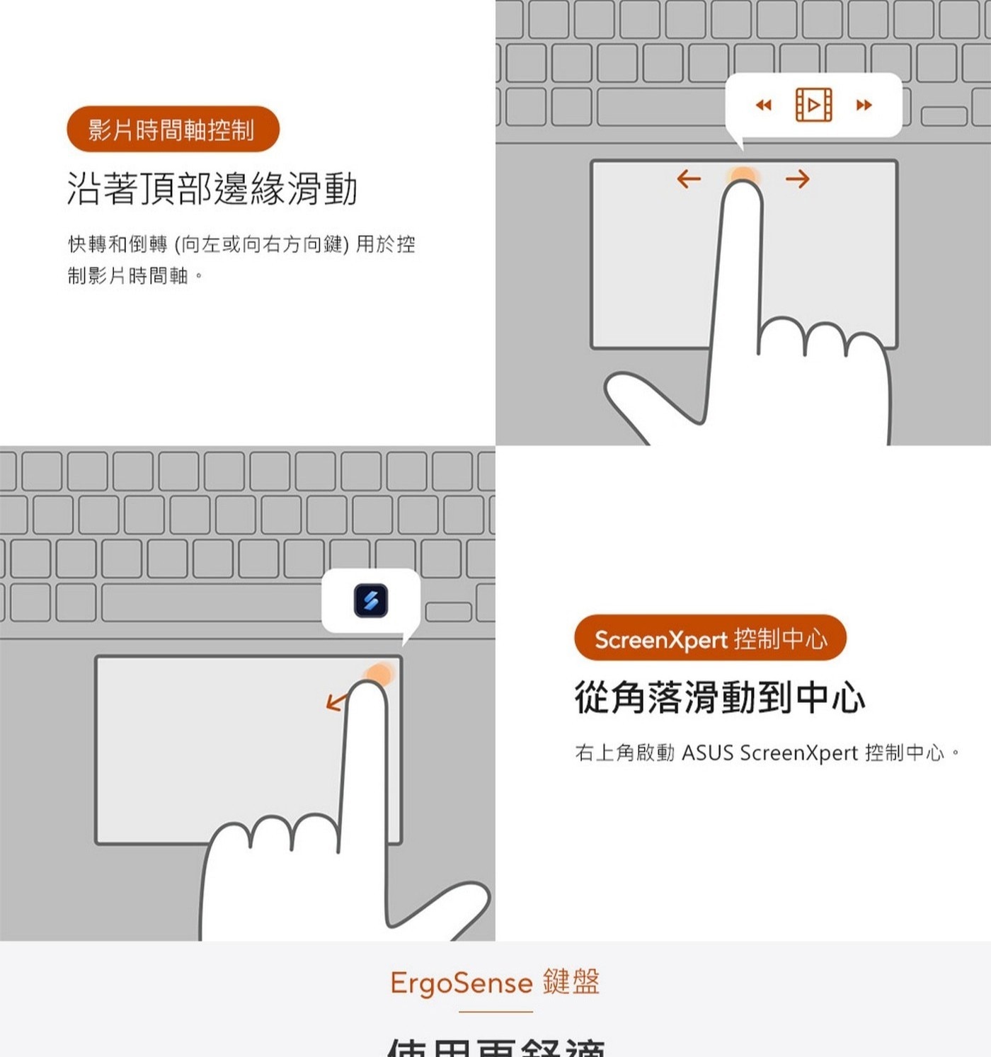 操作更直覺ASUS智慧手勢功能可以輕鬆滑動以調整音量及亮度,並調整影片時間軸等功能!流暢的觸控板設計,帶來輕柔觸感。採用特殊塗層,具有防水特性,並擁有較高的水接觸角度(AF),同時採用了頂級的PVD防指紋塗層,有效提升耐磨性。