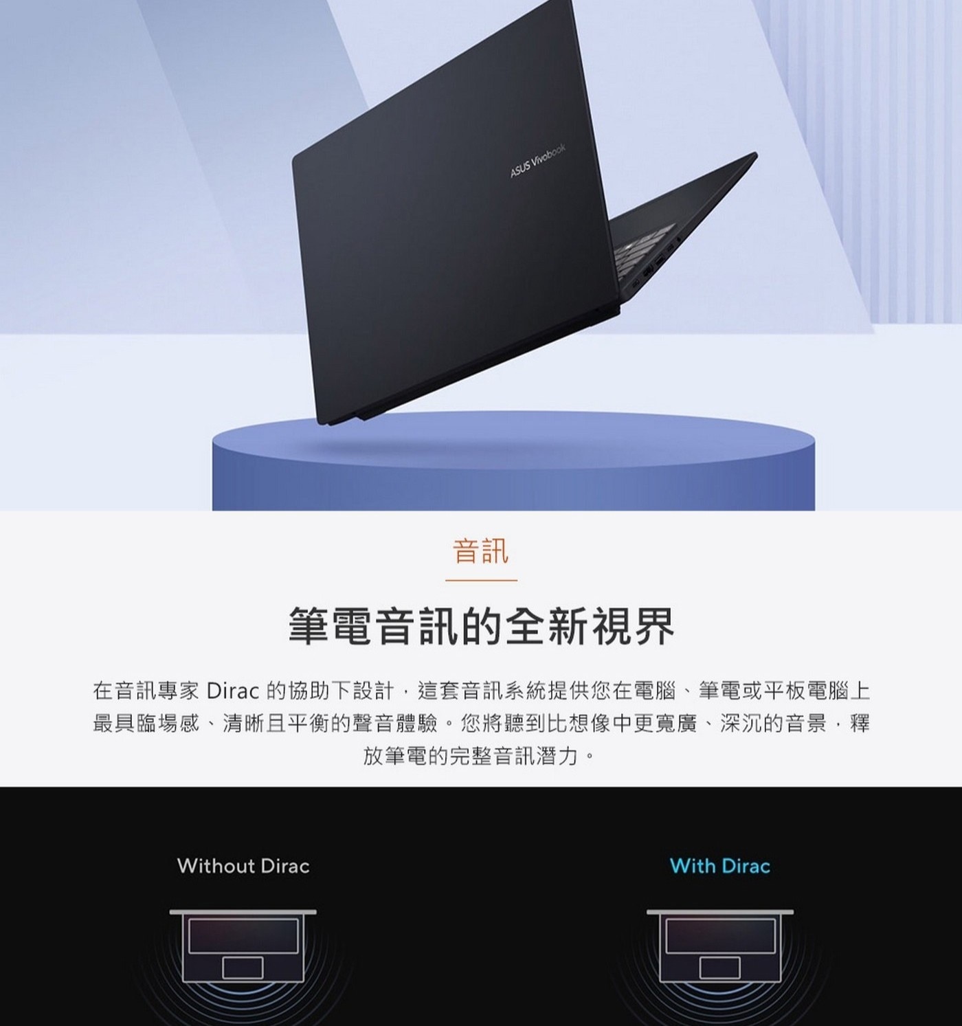 筆電音訊的全新視界在音訊專家Dirac的協助下設計,這套音訊系統提供您在電腦、筆電或平板電腦上最具臨場感、清晰且平衡的聲音體驗。您將聽到比想像中更寬廣、深沉的音景,釋放筆電的完整音訊潛力。