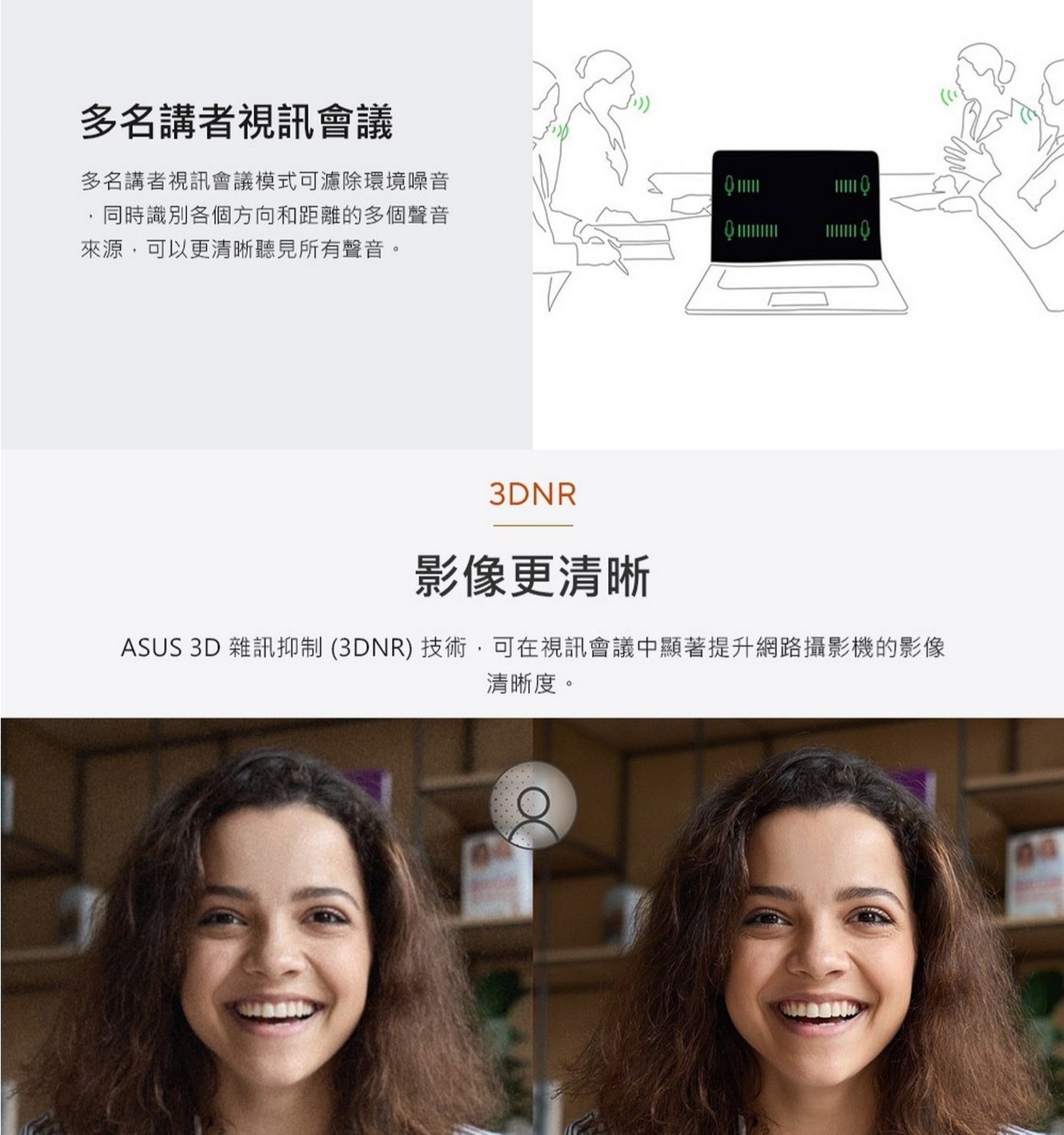 影像更清晰ASUS3D雜訊抑制(3DNR)技術,可在視訊會議中顯著提升網路攝影機的影像清晰度。