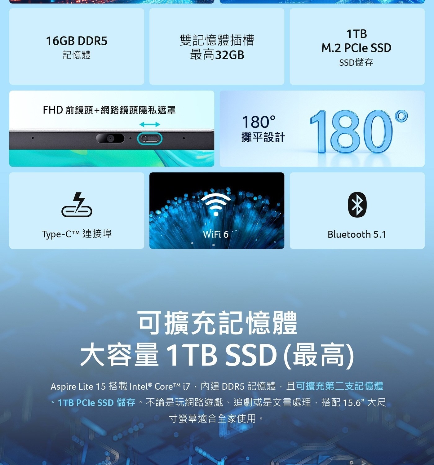 ACER Aspire Lite 15.6吋筆記型電腦1TB PCIe Gen4 SSD