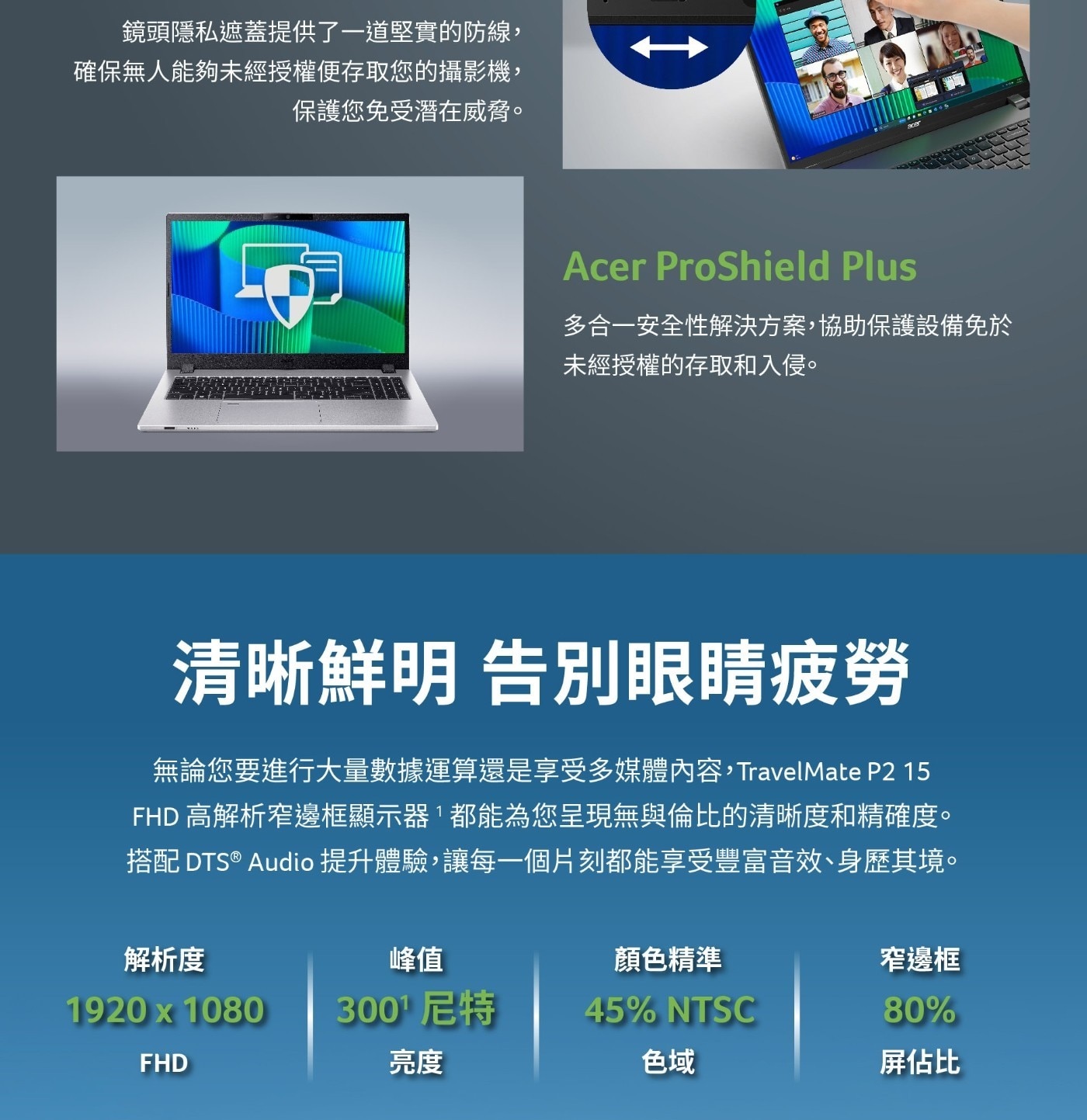 清晰鮮明 告別眼睛疲勞 無論您要進行大量數據運算還是享受多媒體內容,TravelMate P2 15 FHD高解析窄邊框顯示器1都能為您呈現無與倫比的清晰度和精確度。 搭配DTS®Audio提升體驗,讓每1個片刻都能享受豐富音效、身歷其境。
