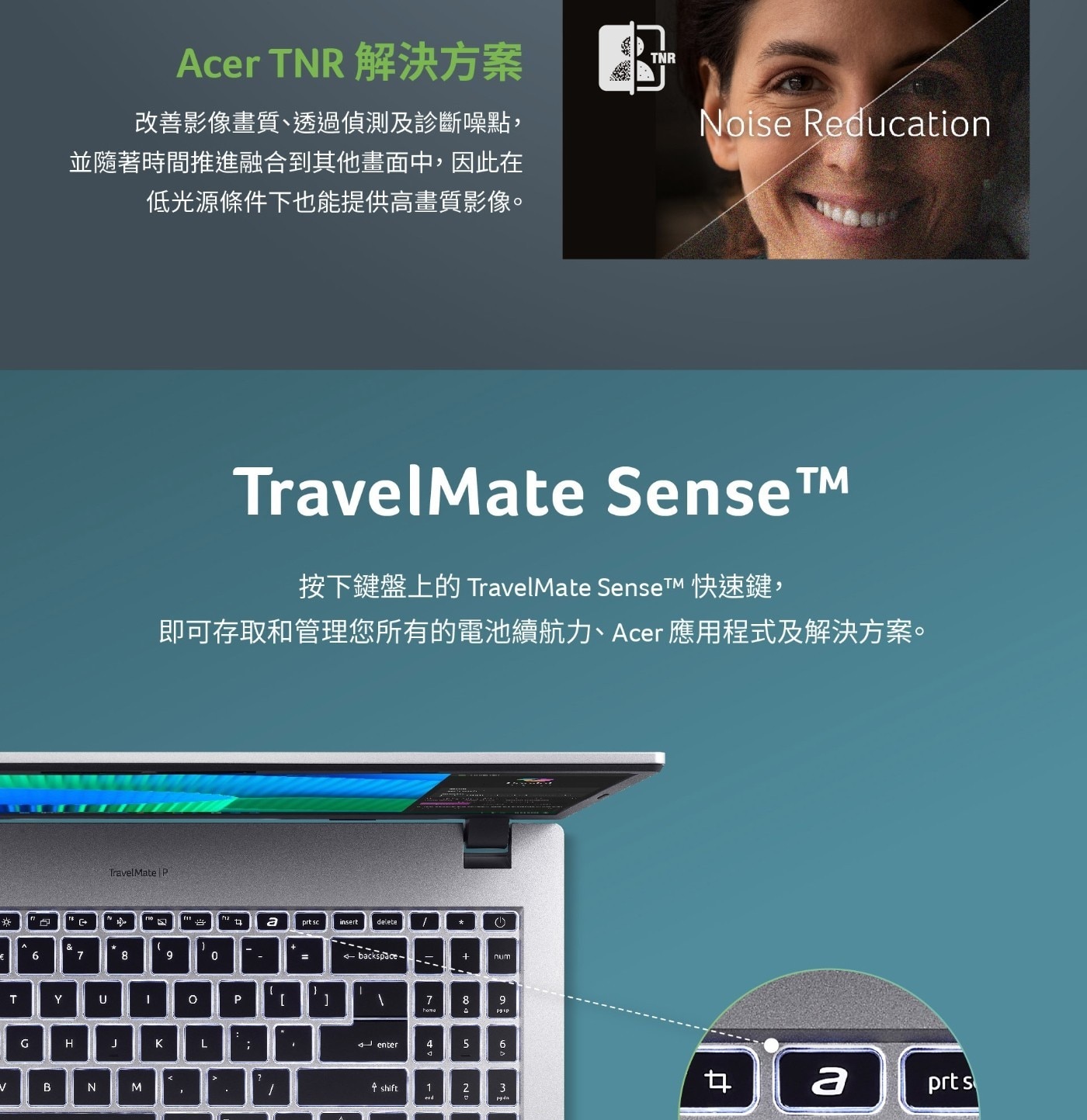 TravelMate Sense™ 按下鍵盤上的TravelMate Sense™M 快速鍵, 即可存取和管理您所有的電池續航力、Acer應用程式及解決方案。